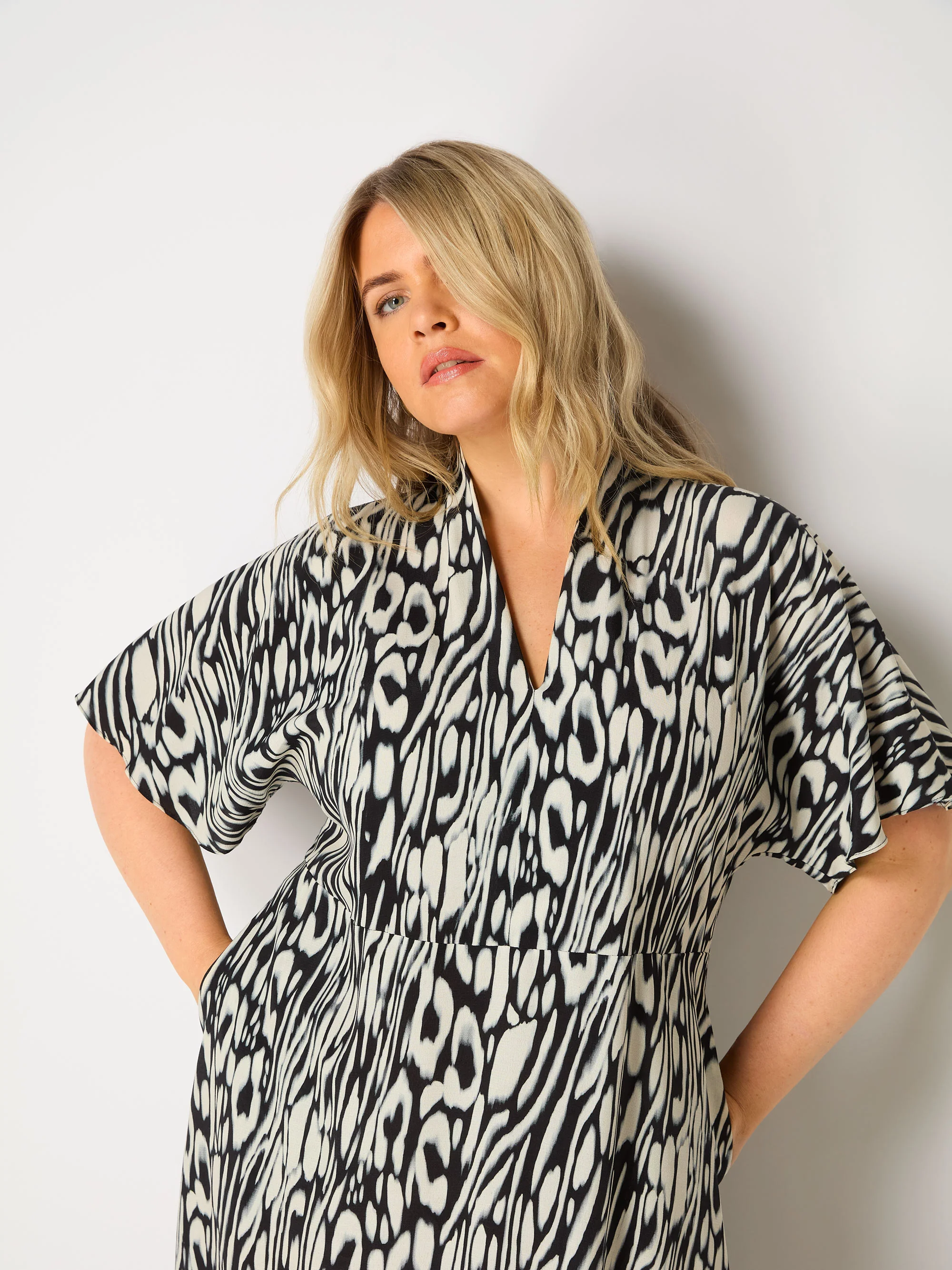 Abstract Leopard V-Neck Midi Dress - Image 6