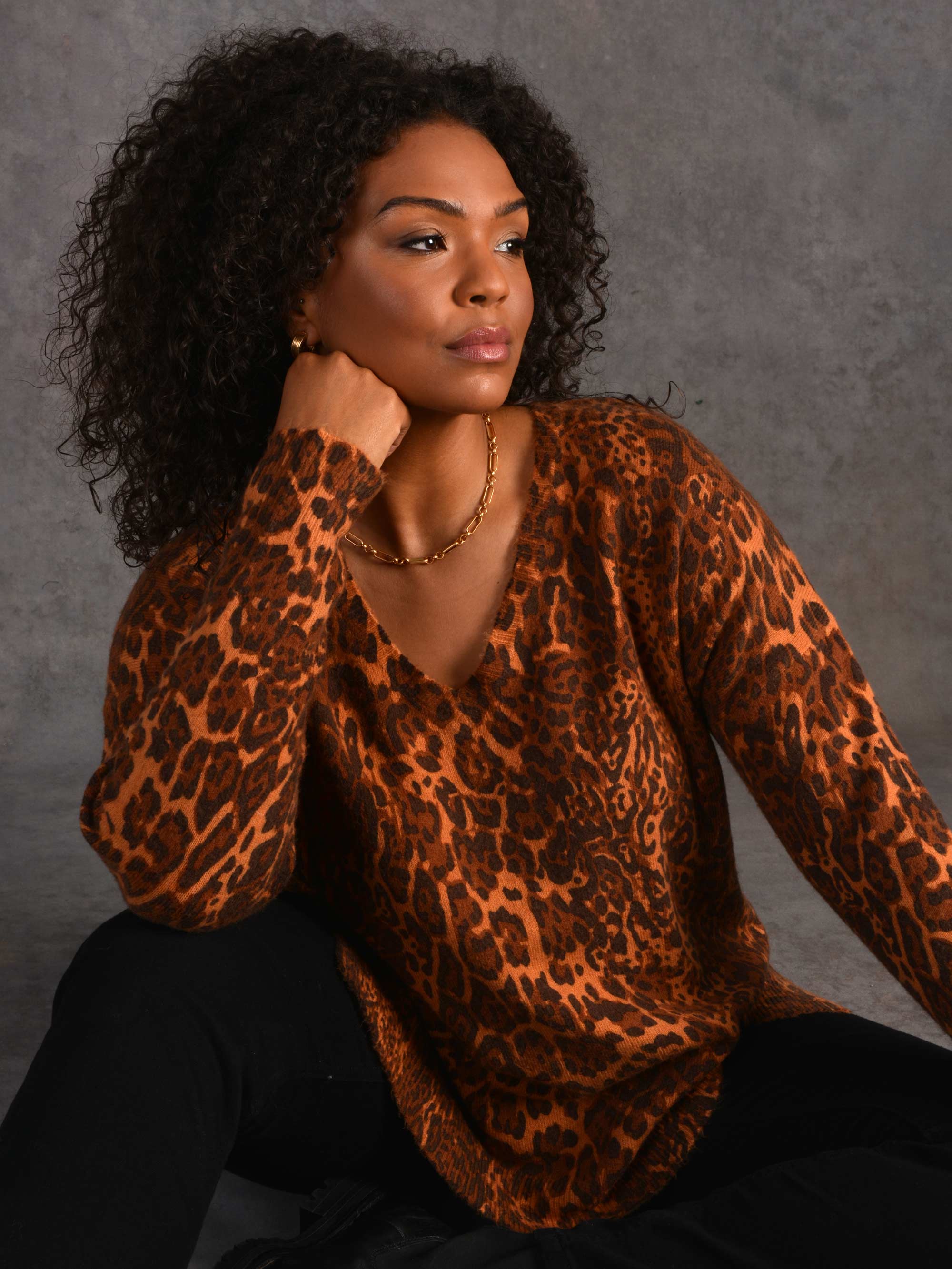 Animal Print Relaxed V-Neck Knitted Jumper - Image 4