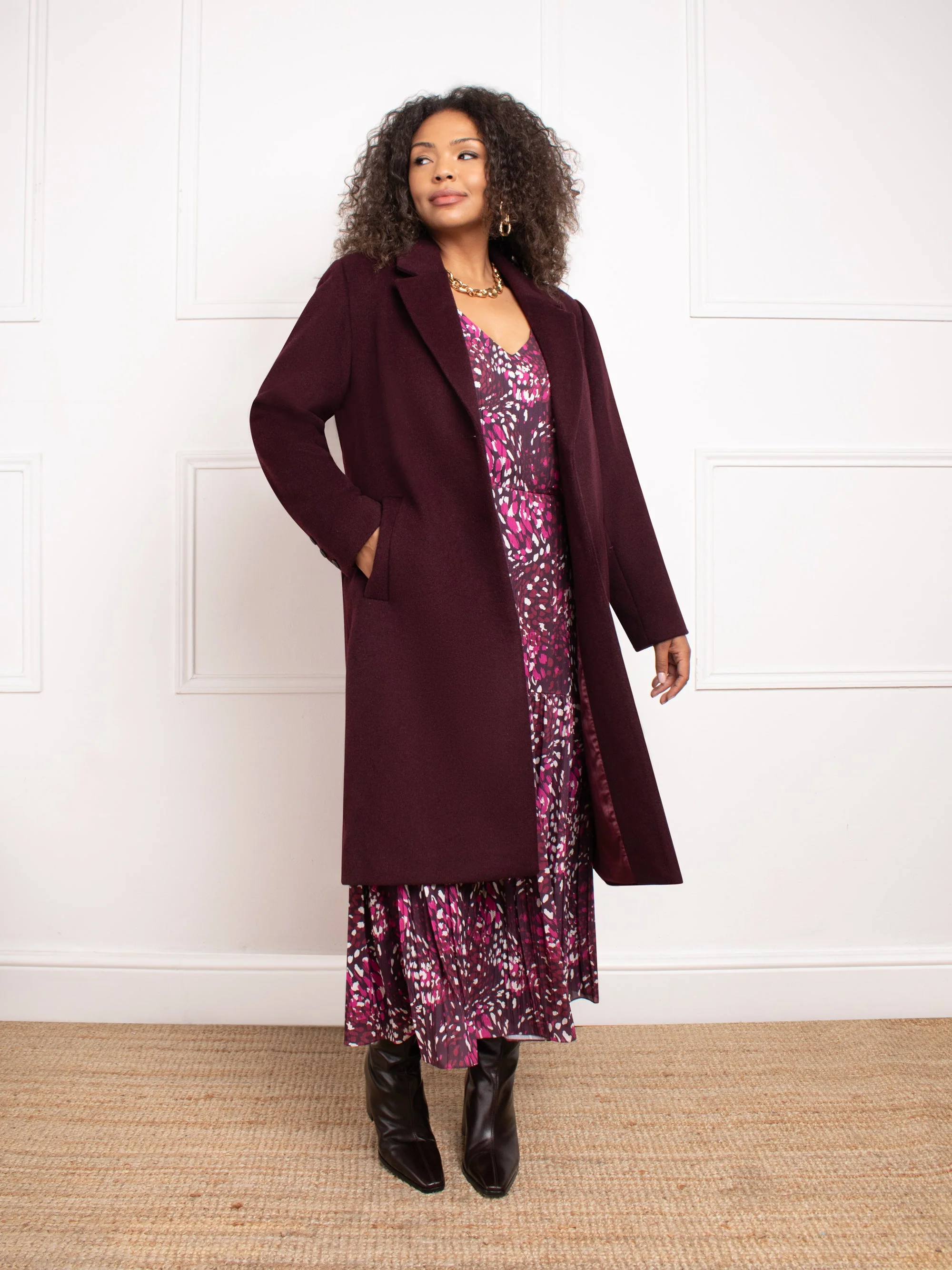 Aubergine Wool Blend Long Tailored Coat - Image 7