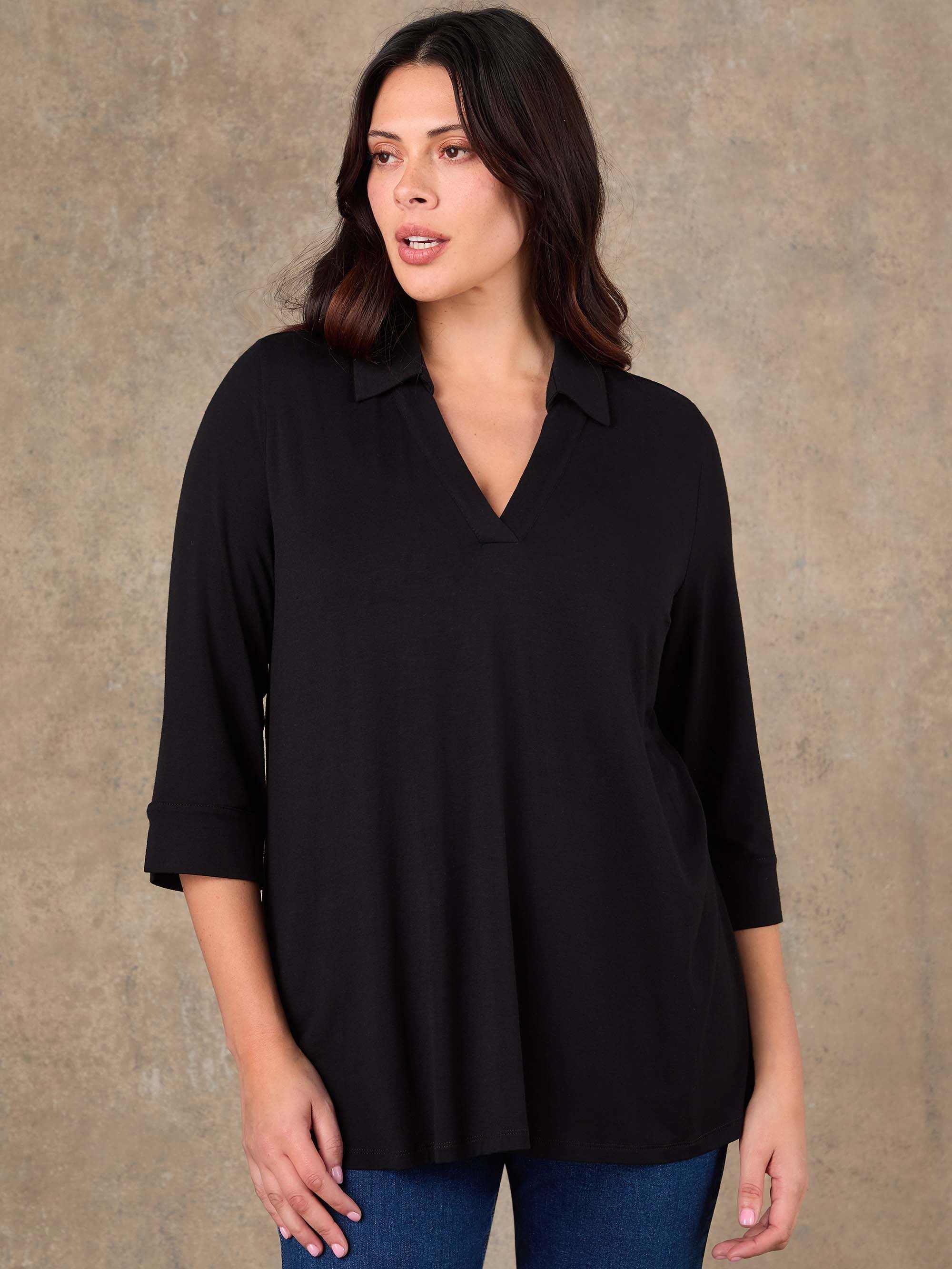 Black 3/4 Sleeve Collared V-Neck Jersey Top - Image 3