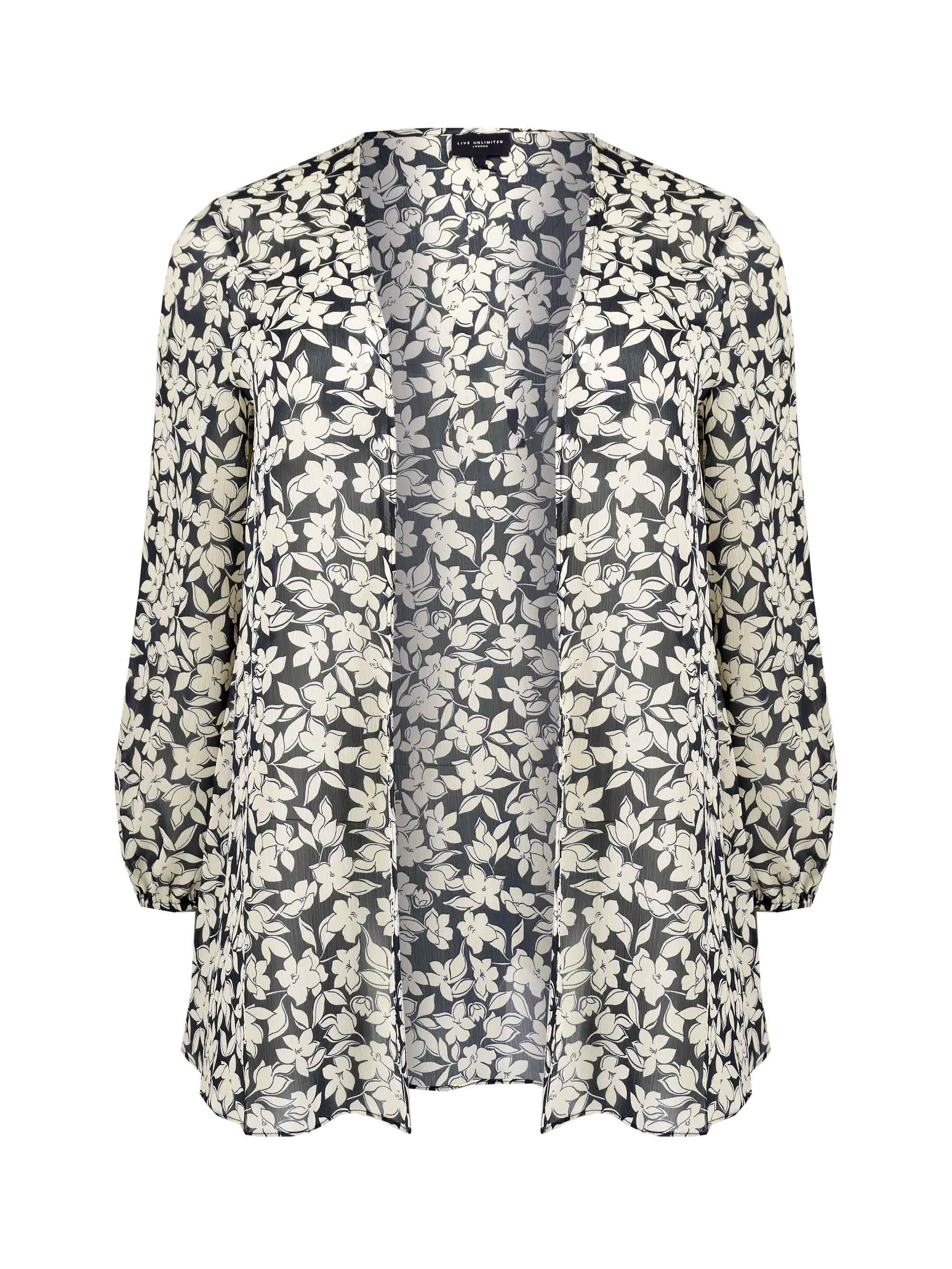 Black and Ivory Floral Print Chiffon Short Kimono - Image 4
