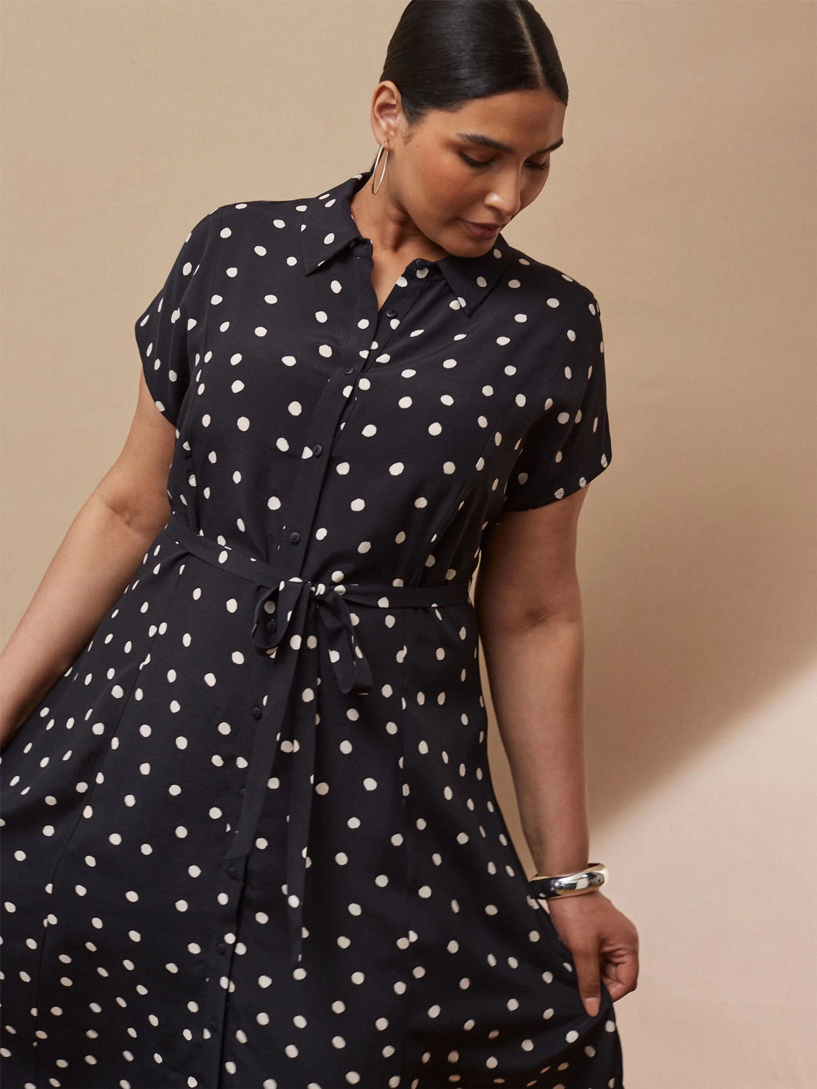 Black And Ivory Polka Dot Midaxi Shirt Dress - Image 3