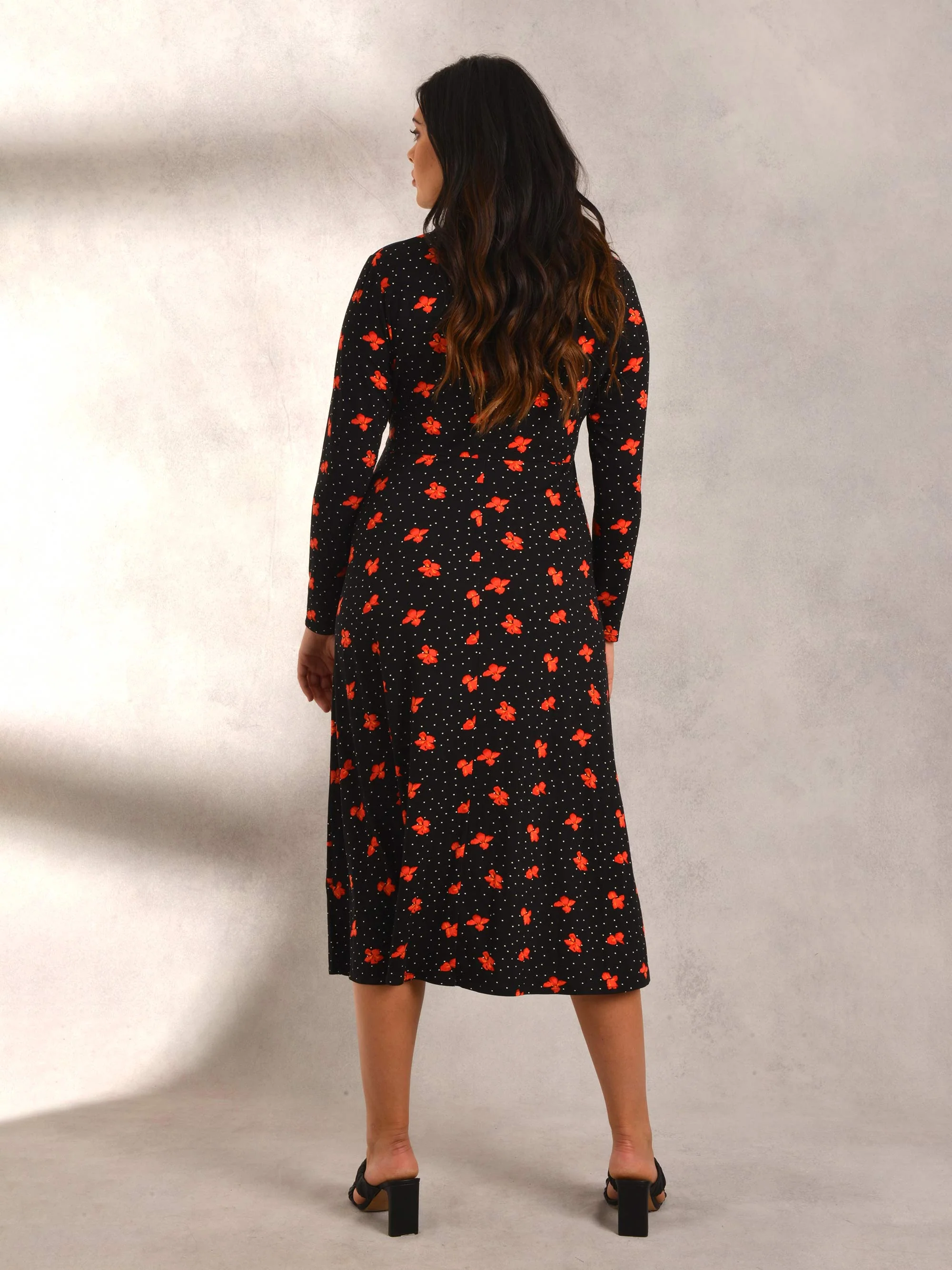 Black & Red Floral Print Mock Wrap Jersey Dress - Image 2