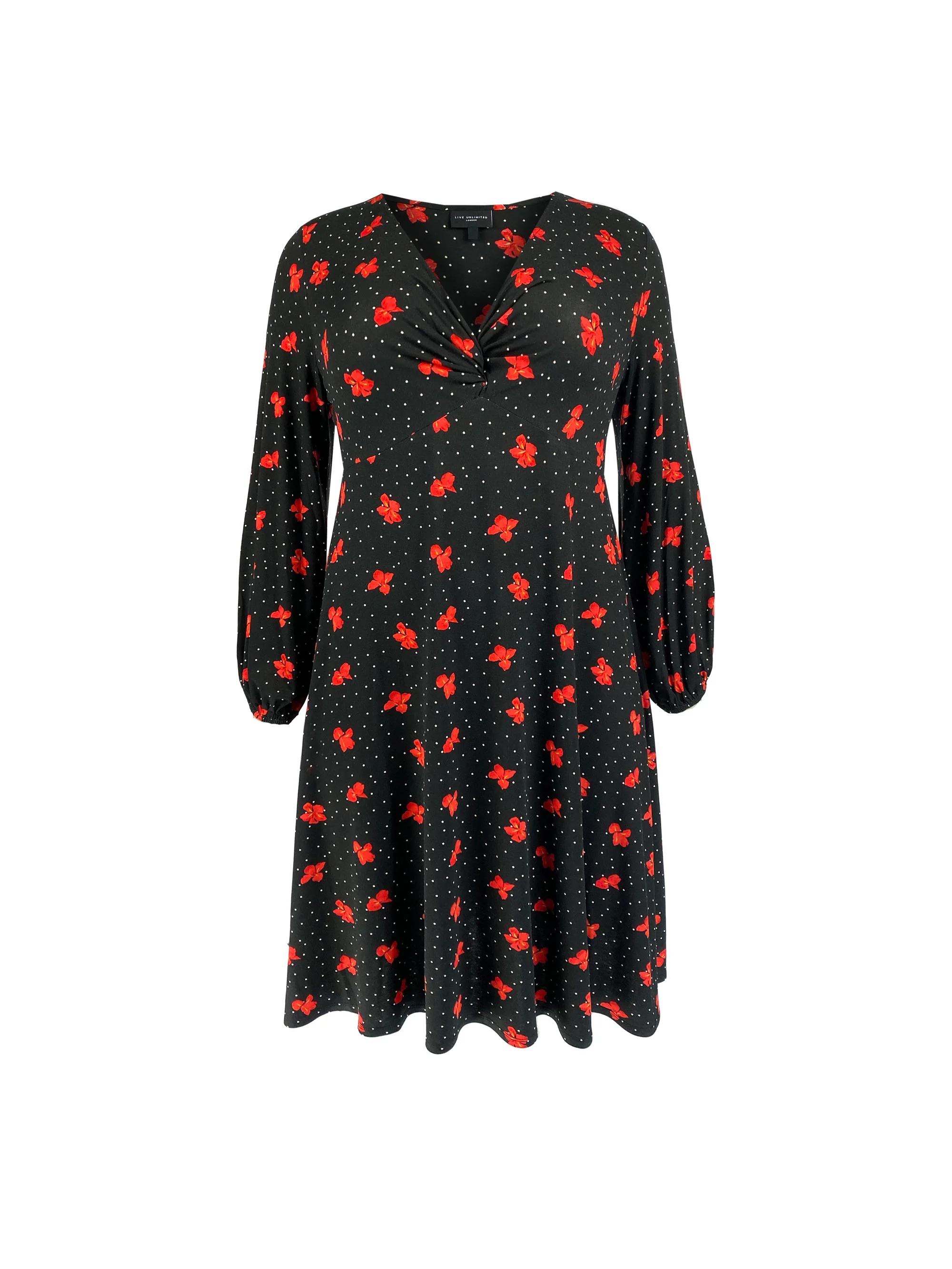 Black & Red Floral Print Mock Wrap Jersey Dress - Image 4