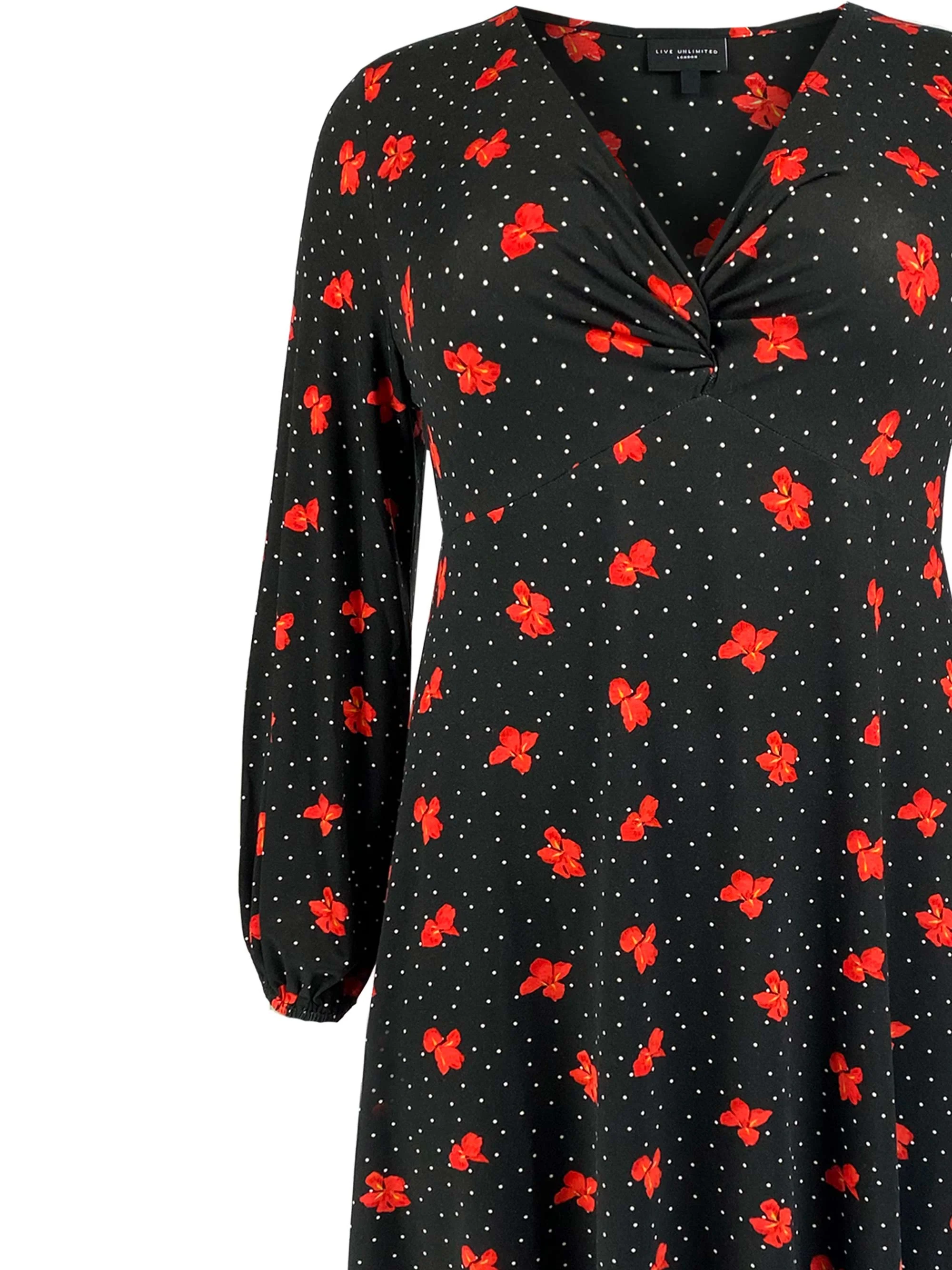 Black & Red Floral Print Mock Wrap Jersey Dress - Image 6