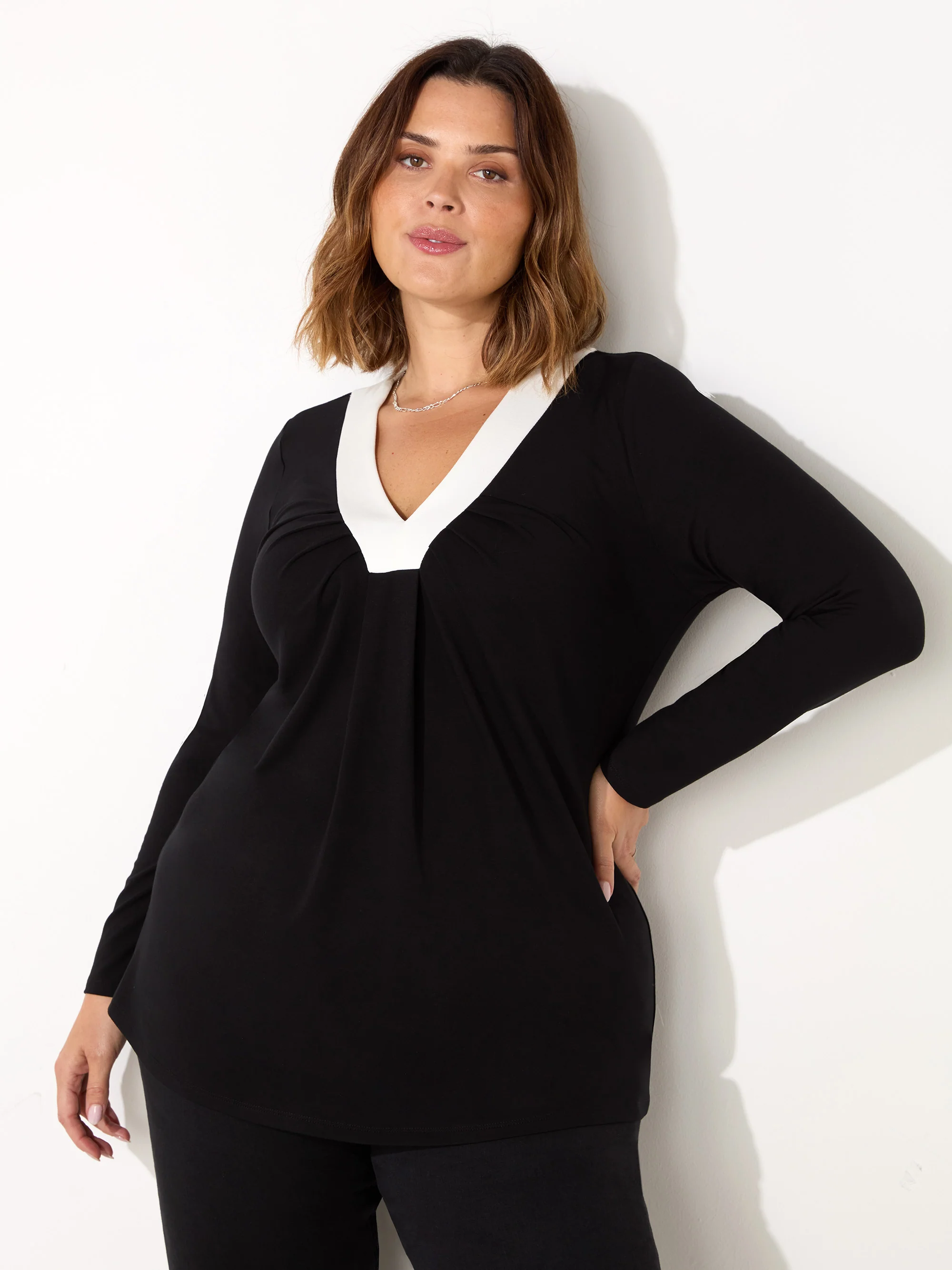 Black And White V-Neck Jersey Top - Image 2