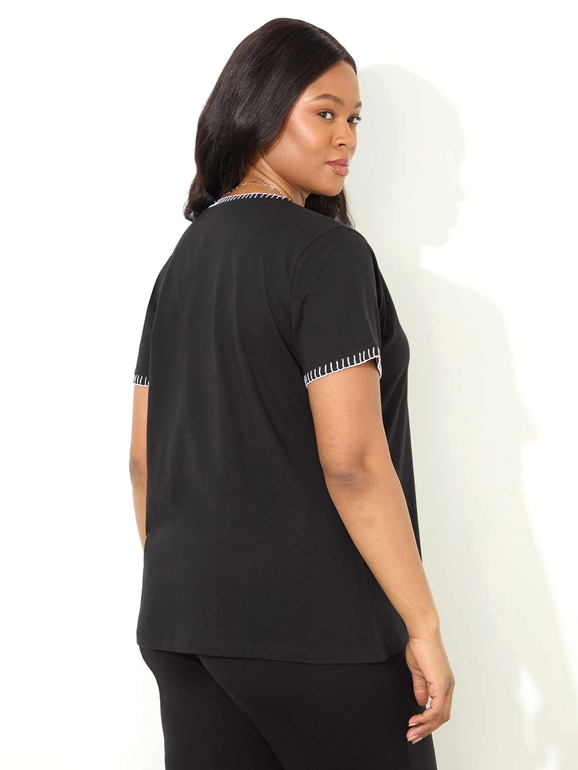 Black Blanket Stitch Cotton V-Neck  T-Shirt - Image 3