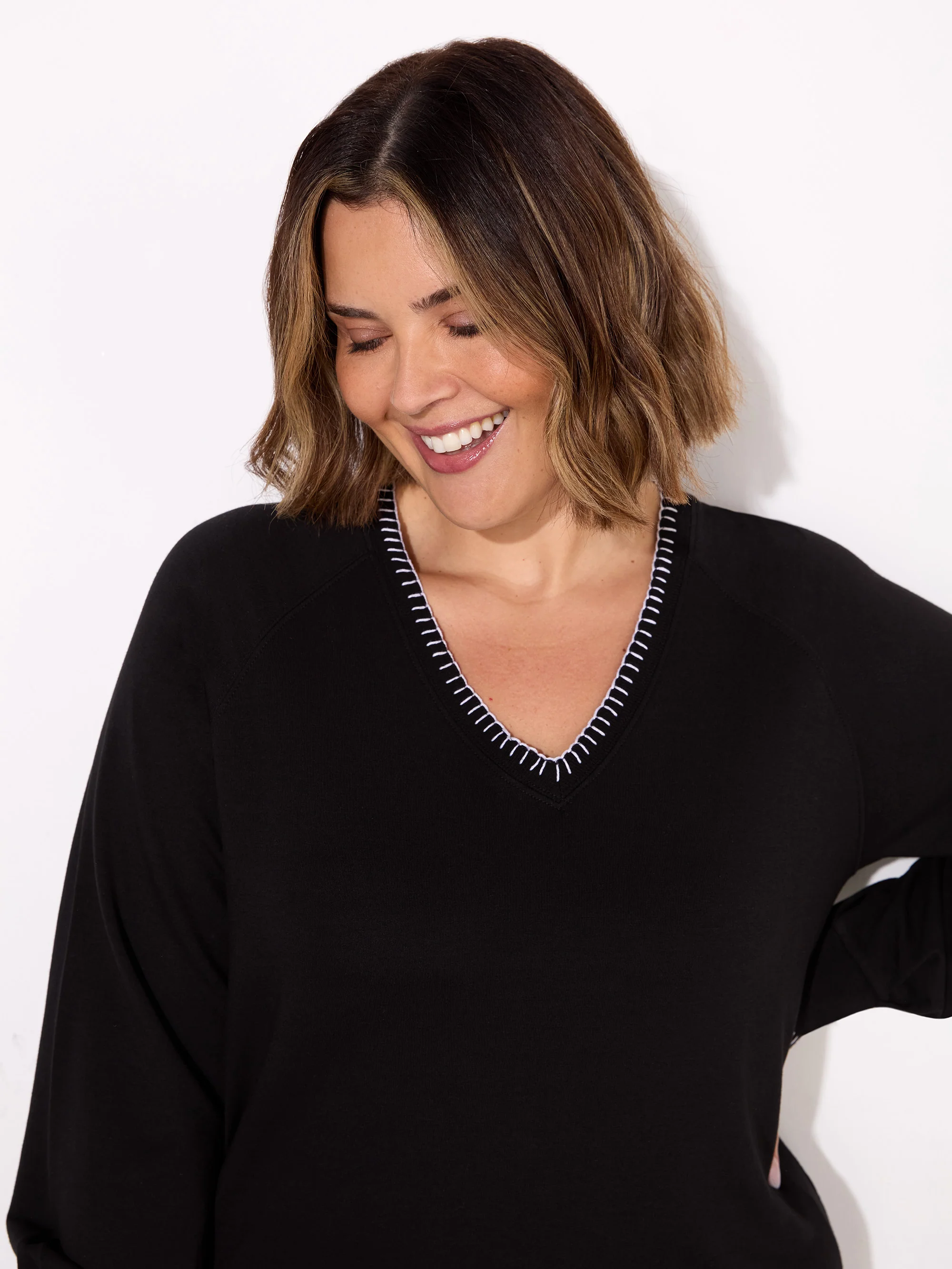Black Blanket Stitch Modal V-Neck Sweatshirt - Image 2