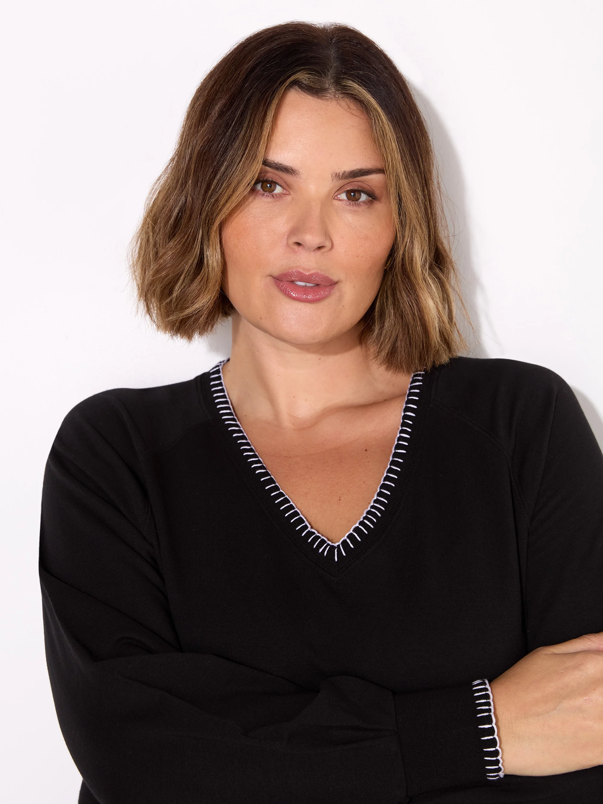 Black Blanket Stitch Modal V-Neck Sweatshirt - Image 3