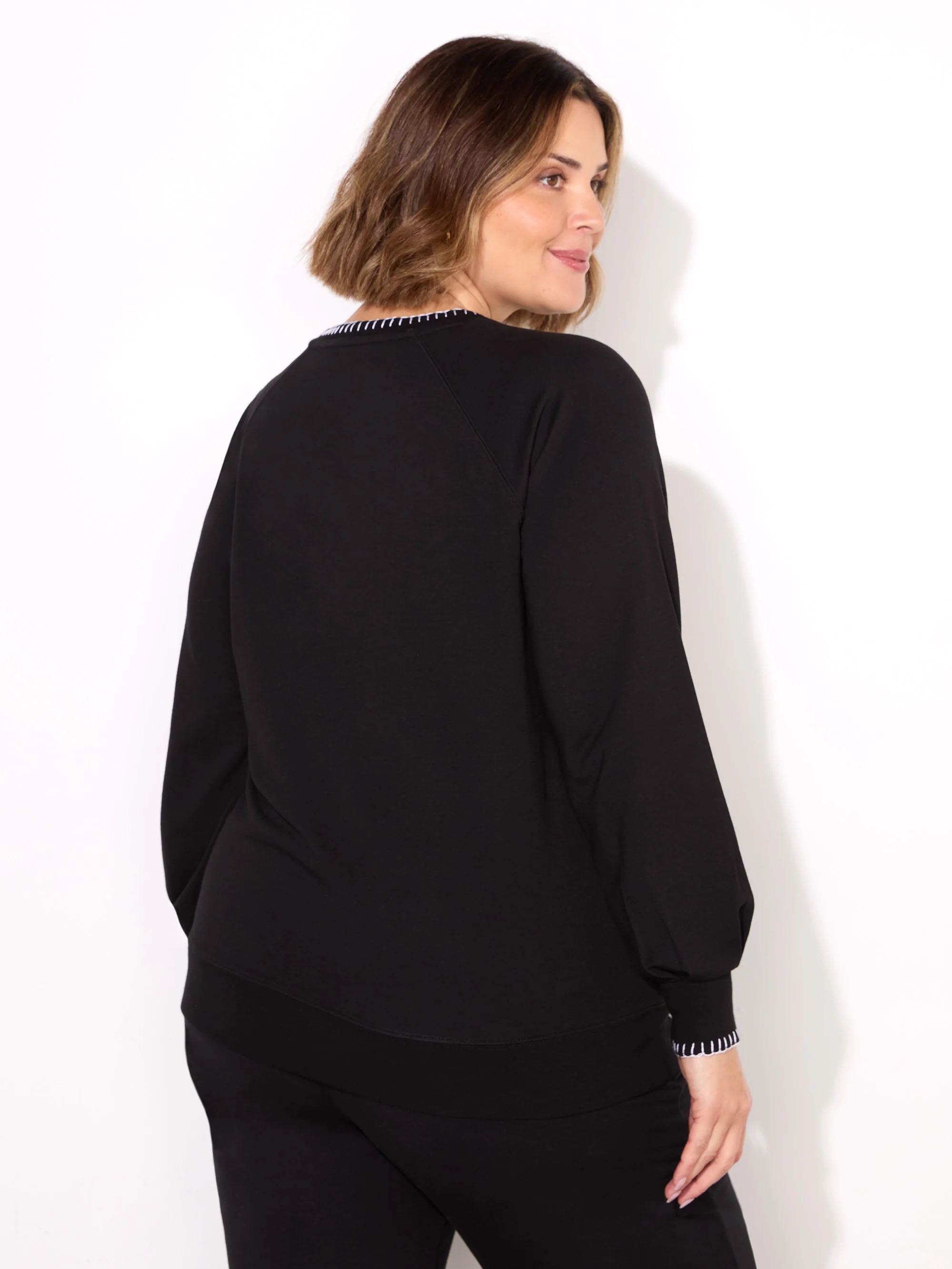 Black Blanket Stitch Modal V-Neck Sweatshirt - Image 4