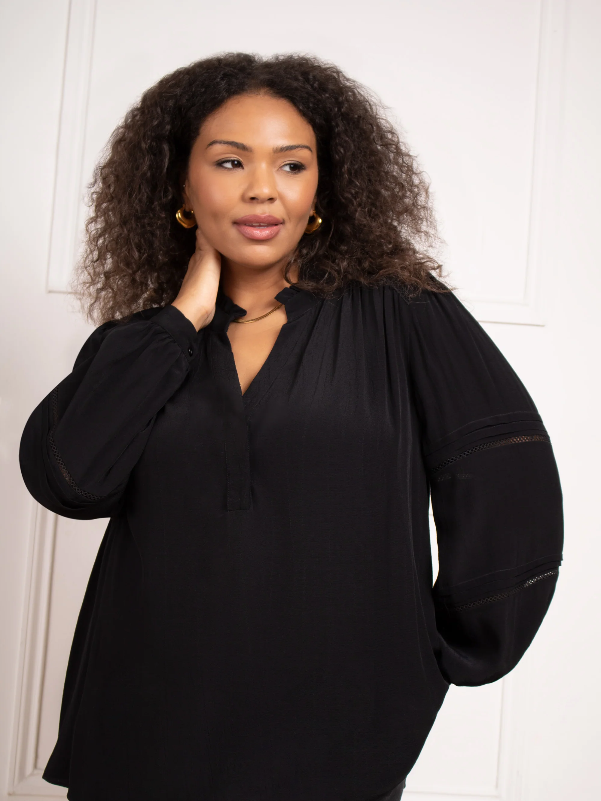 Black Boho Blouse With Ladder Trim Detail - Image 2