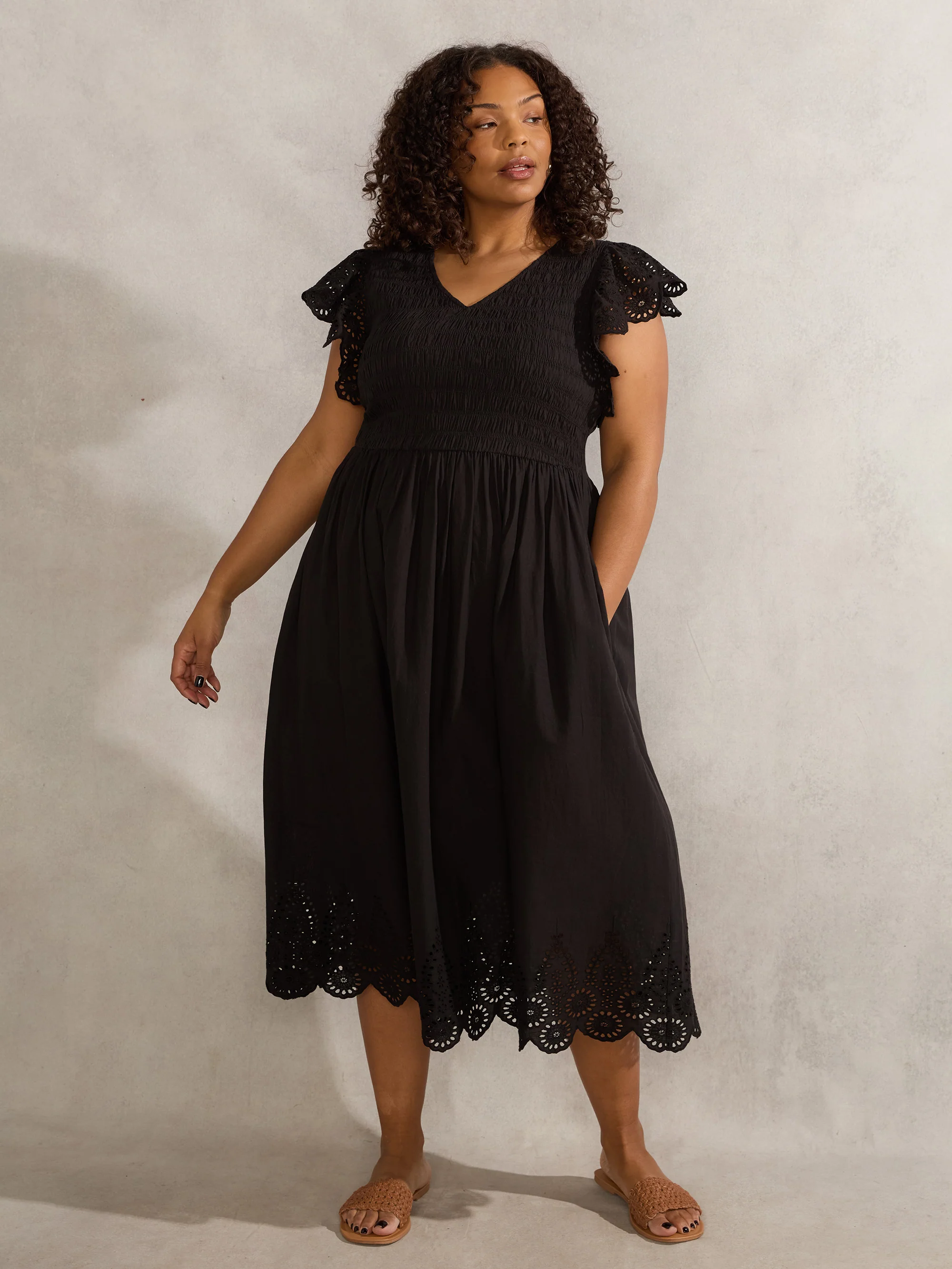 Black Broderie Shirred Dress - Image 3