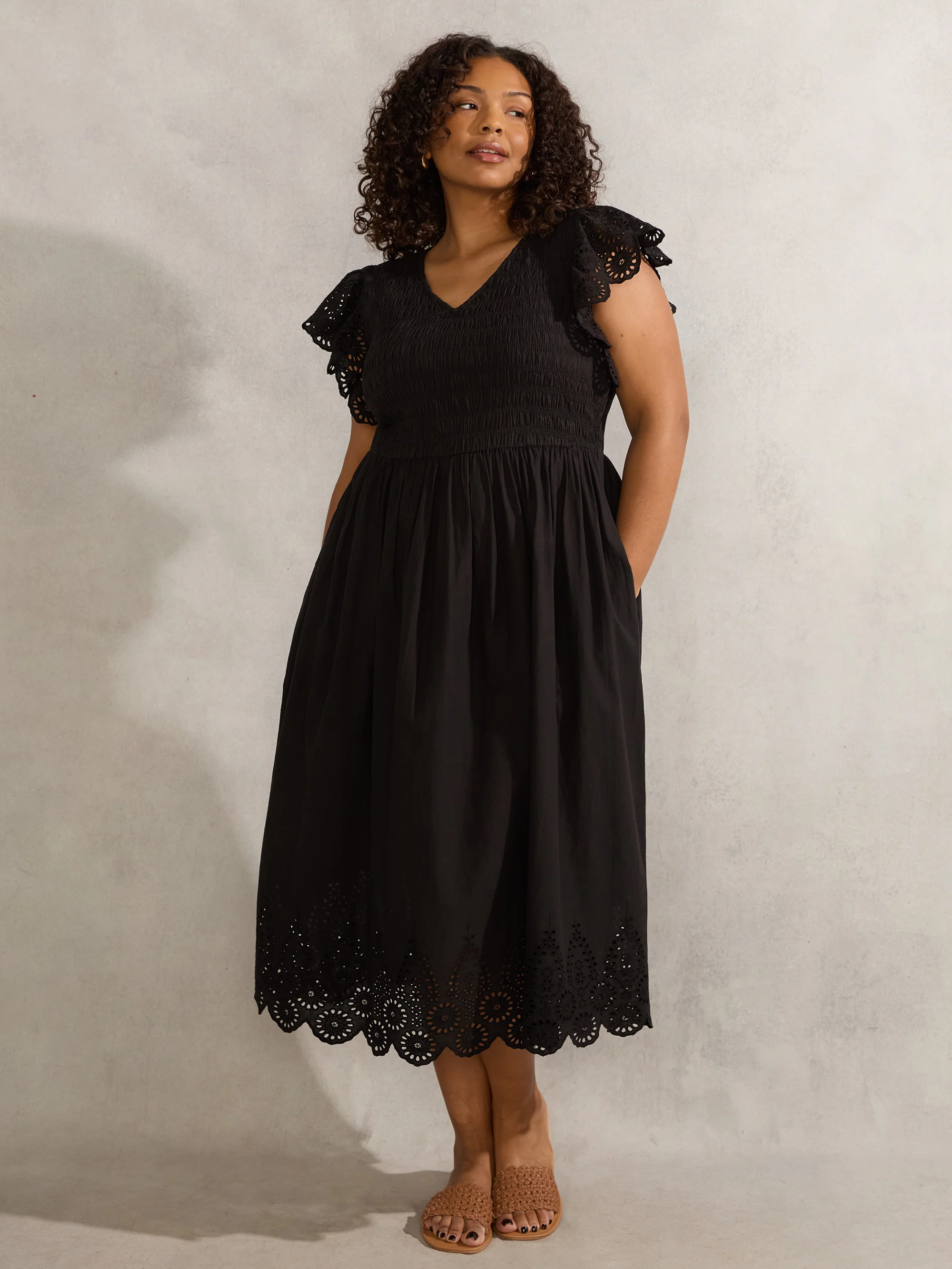 Black Broderie Shirred Dress - Image 4