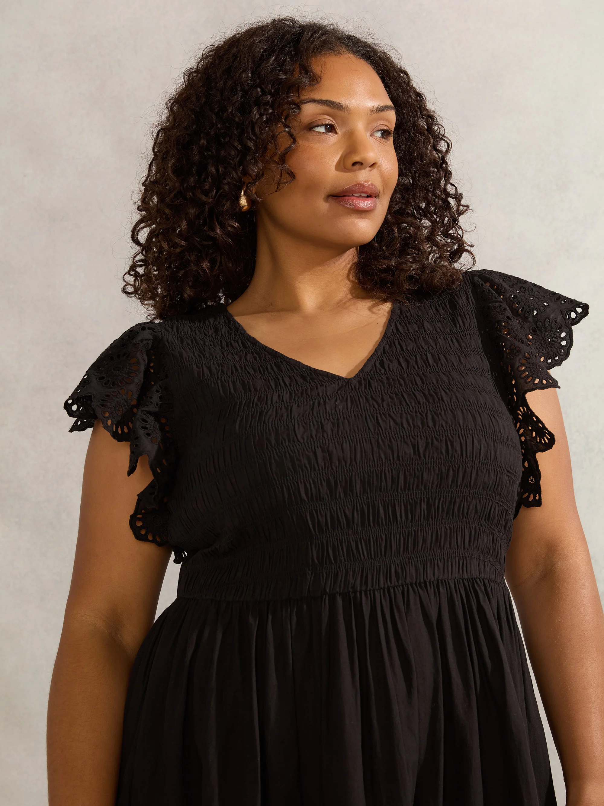 Black Broderie Shirred Dress - Image 5