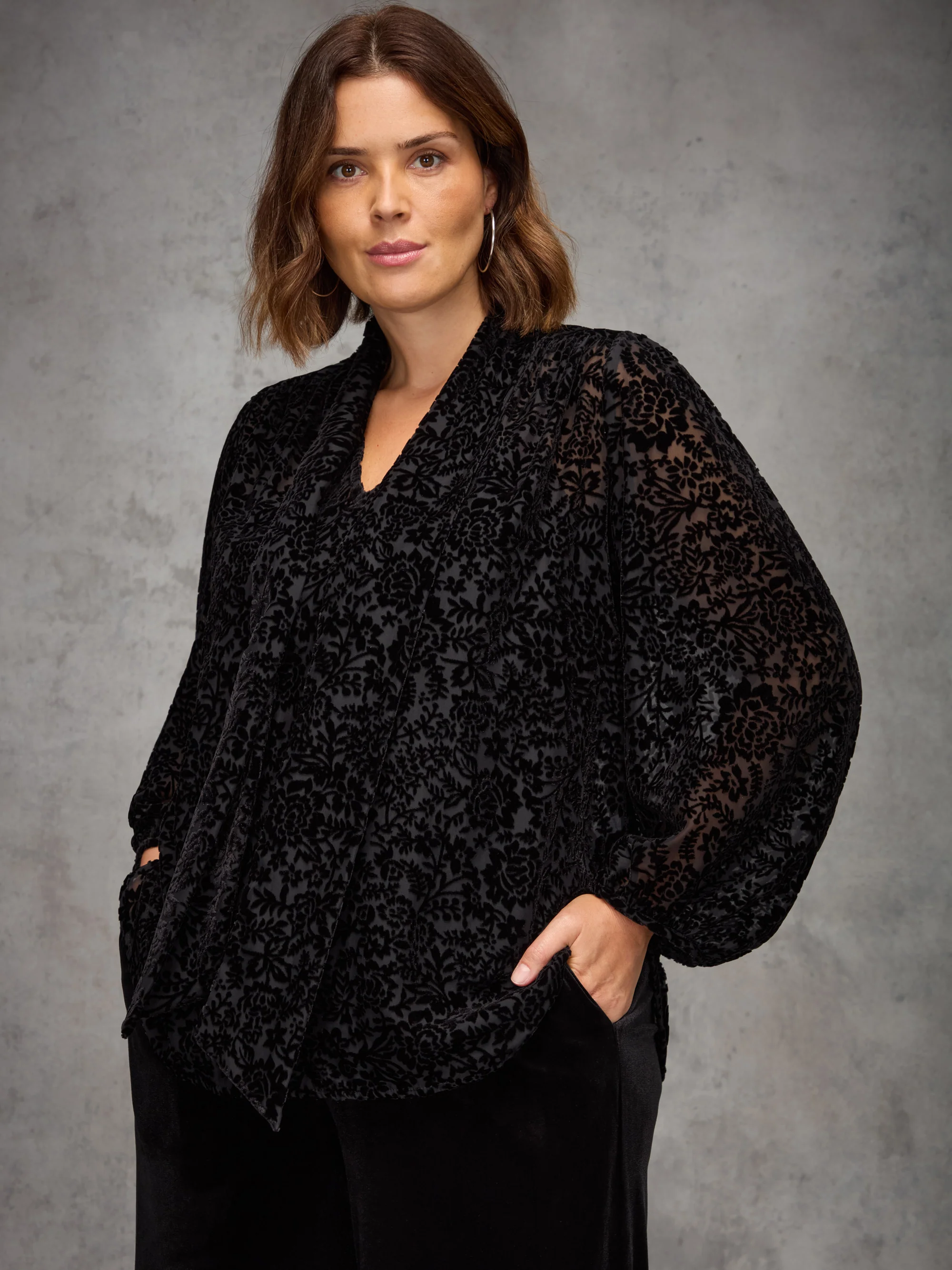 Black Burnout Velvet Tie Neck Blouse - Image 2
