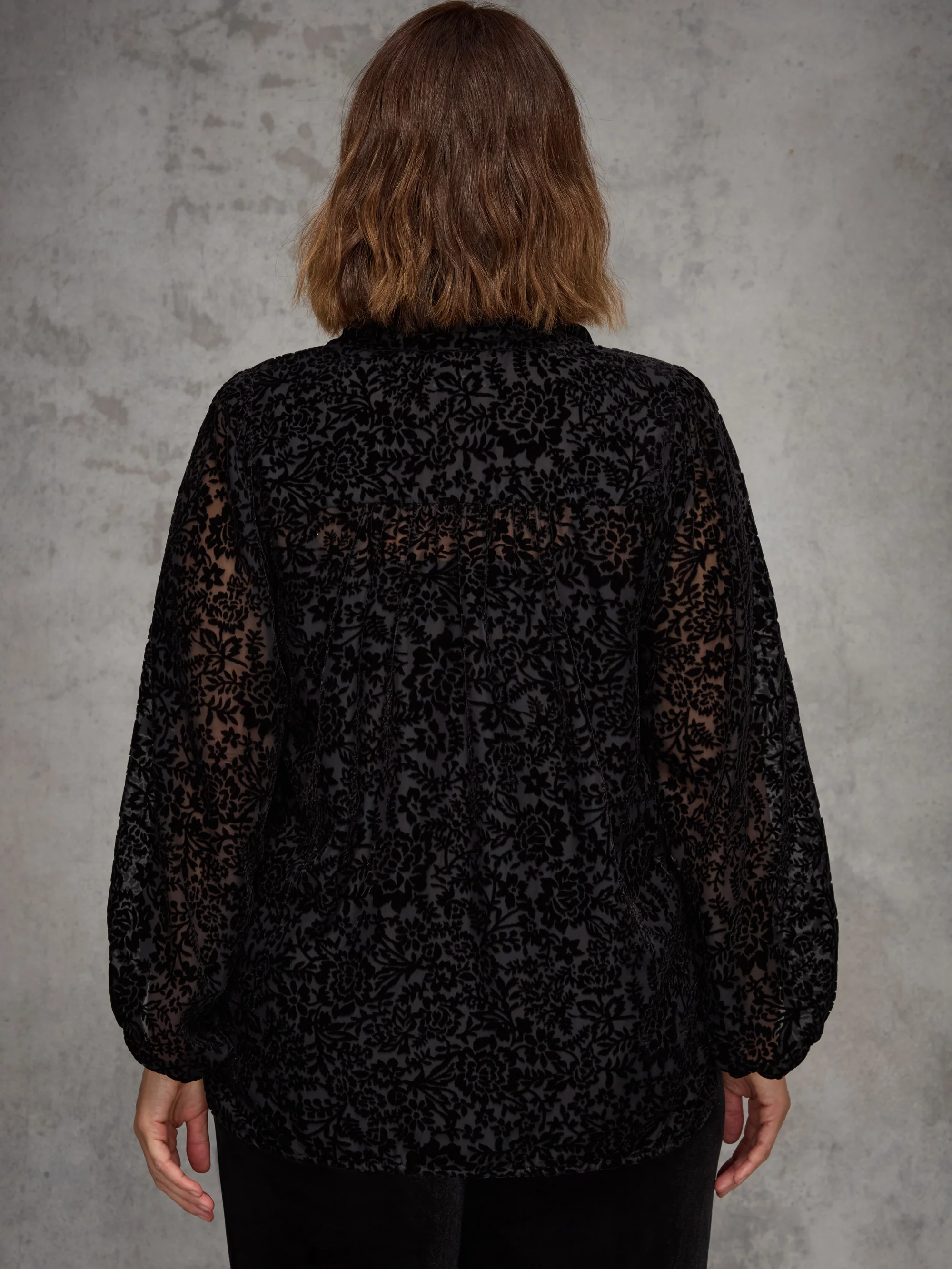 Black Burnout Velvet Tie Neck Blouse - Image 3