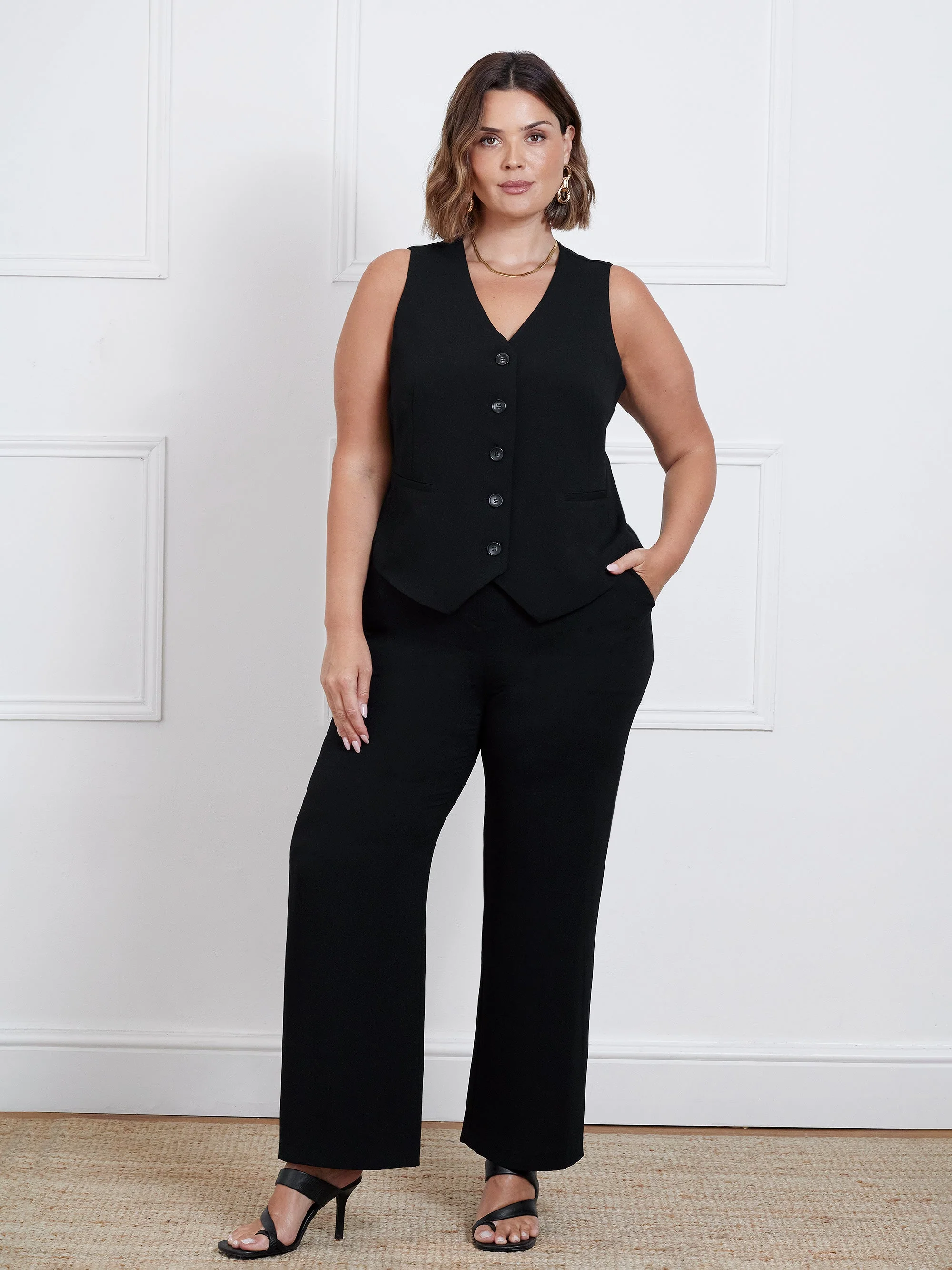 Black Button Detail Wide Leg Trouser - Image 4