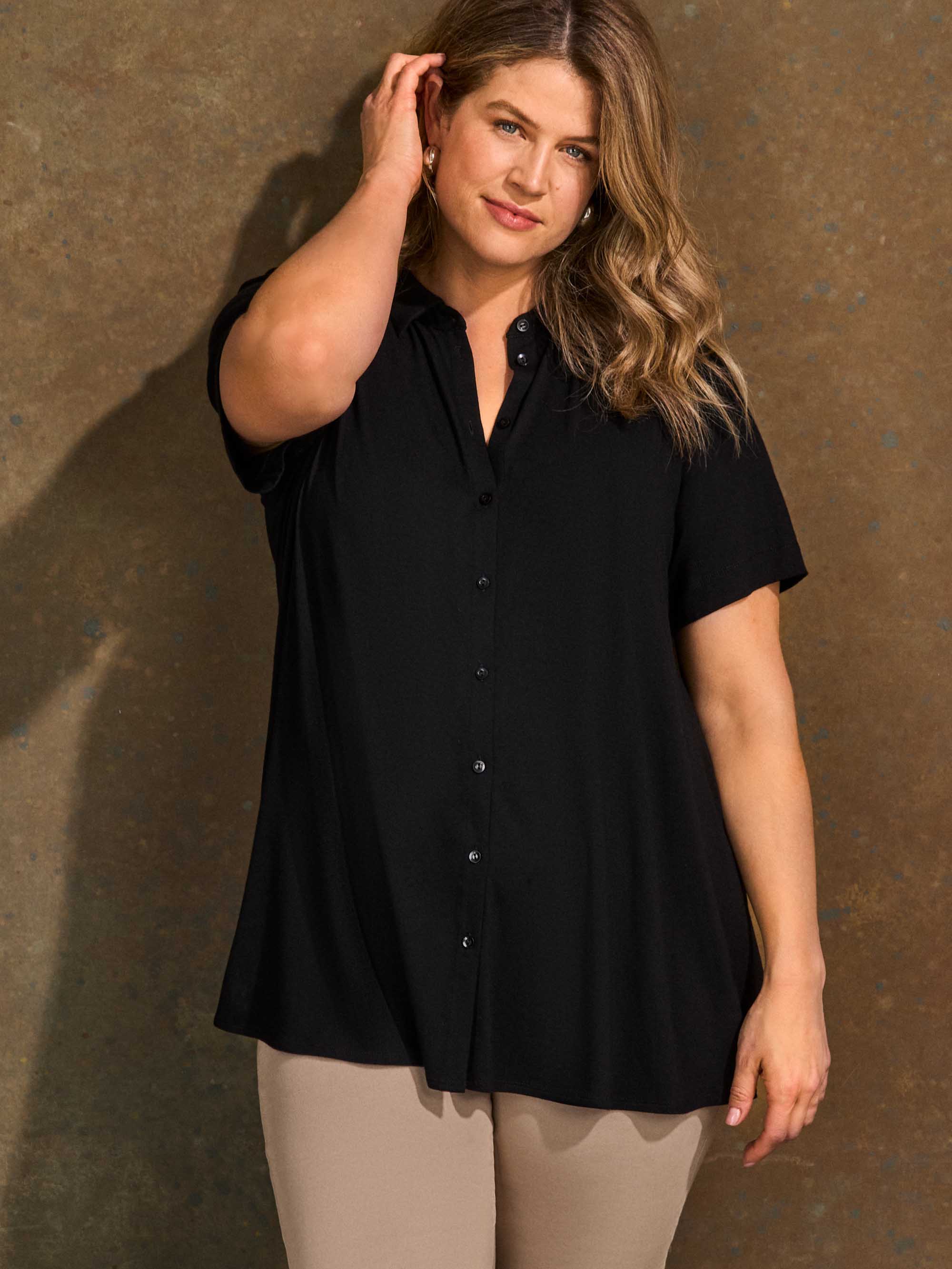 Black Button Through Short Sleeve Jersey Shirt - Image 3