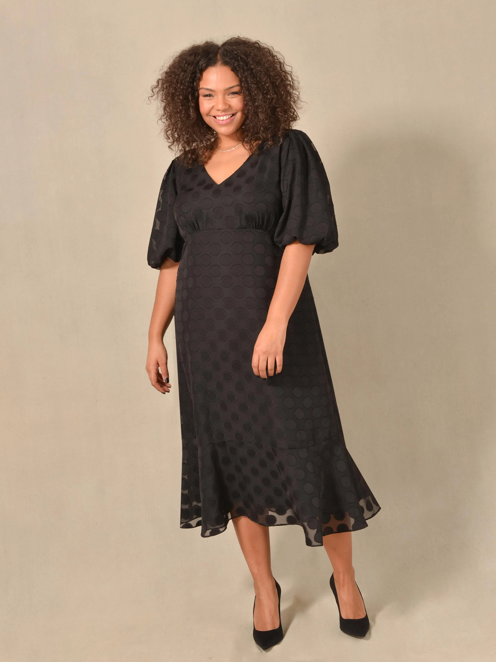Black Chiffon Burnout Spot Short Sleeve Midi Dress - Image 2