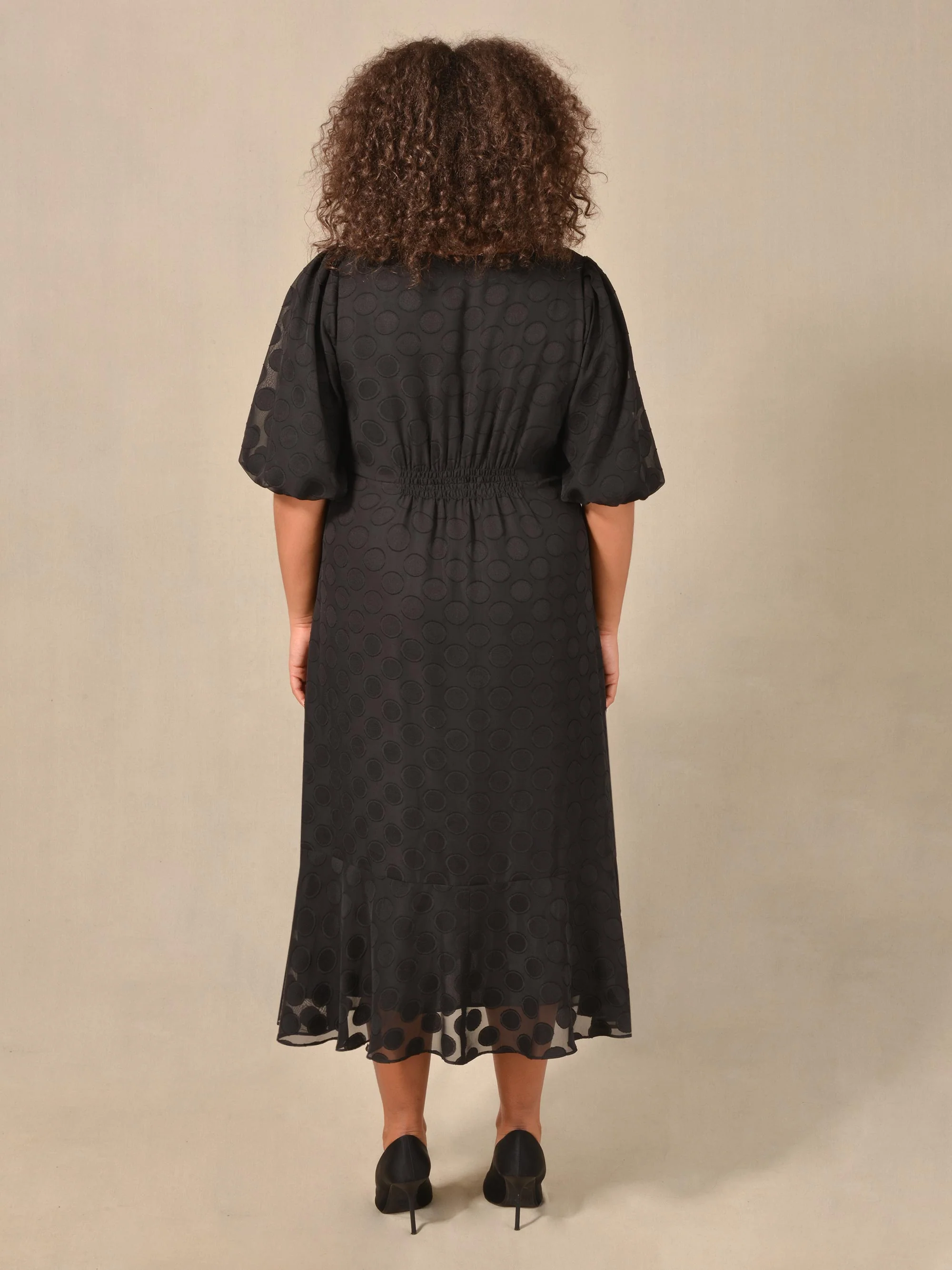 Black Chiffon Burnout Spot Short Sleeve Midi Dress - Image 5