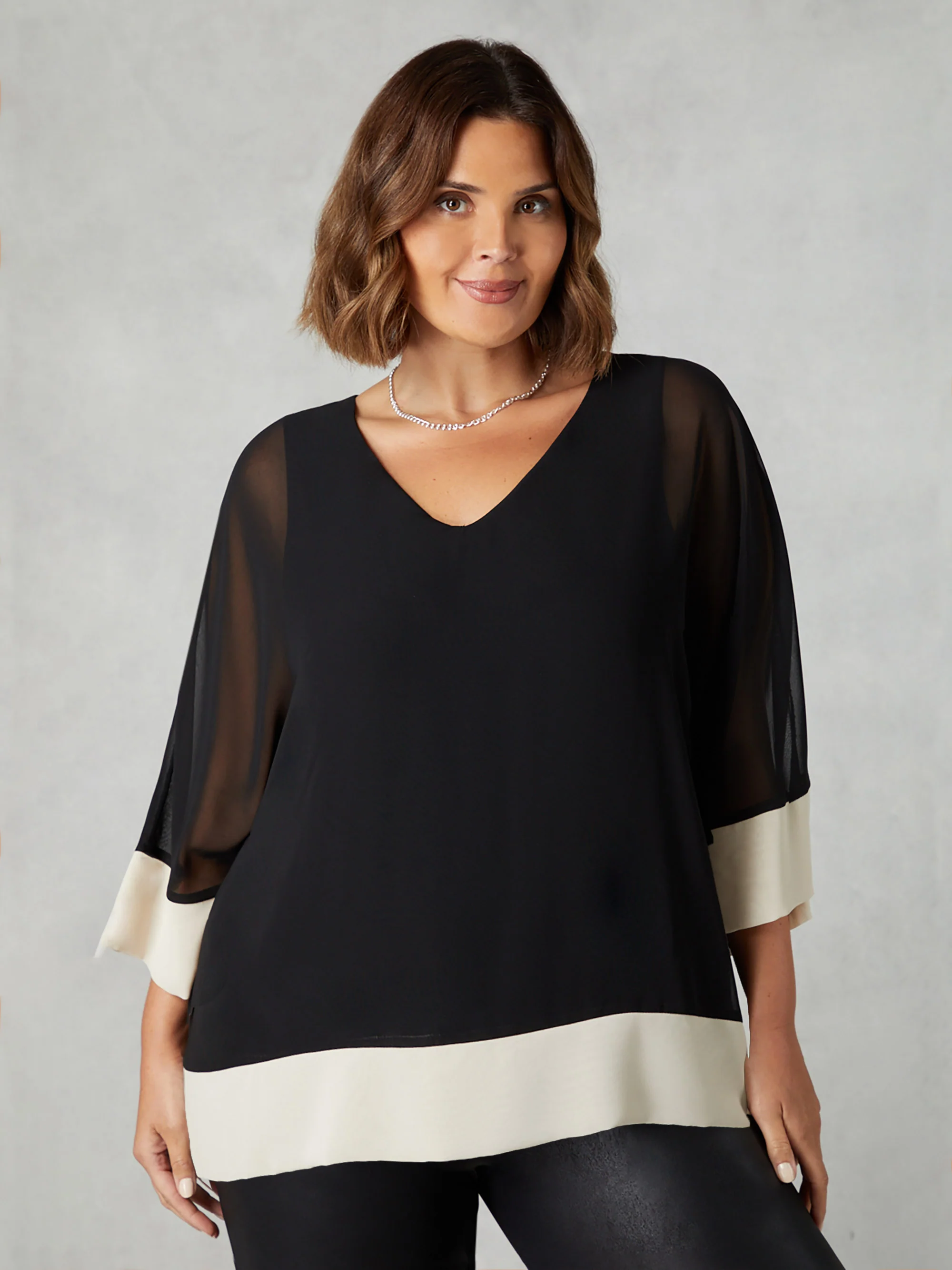 Black Chiffon Contrast Hem Overlay Top - Image 2