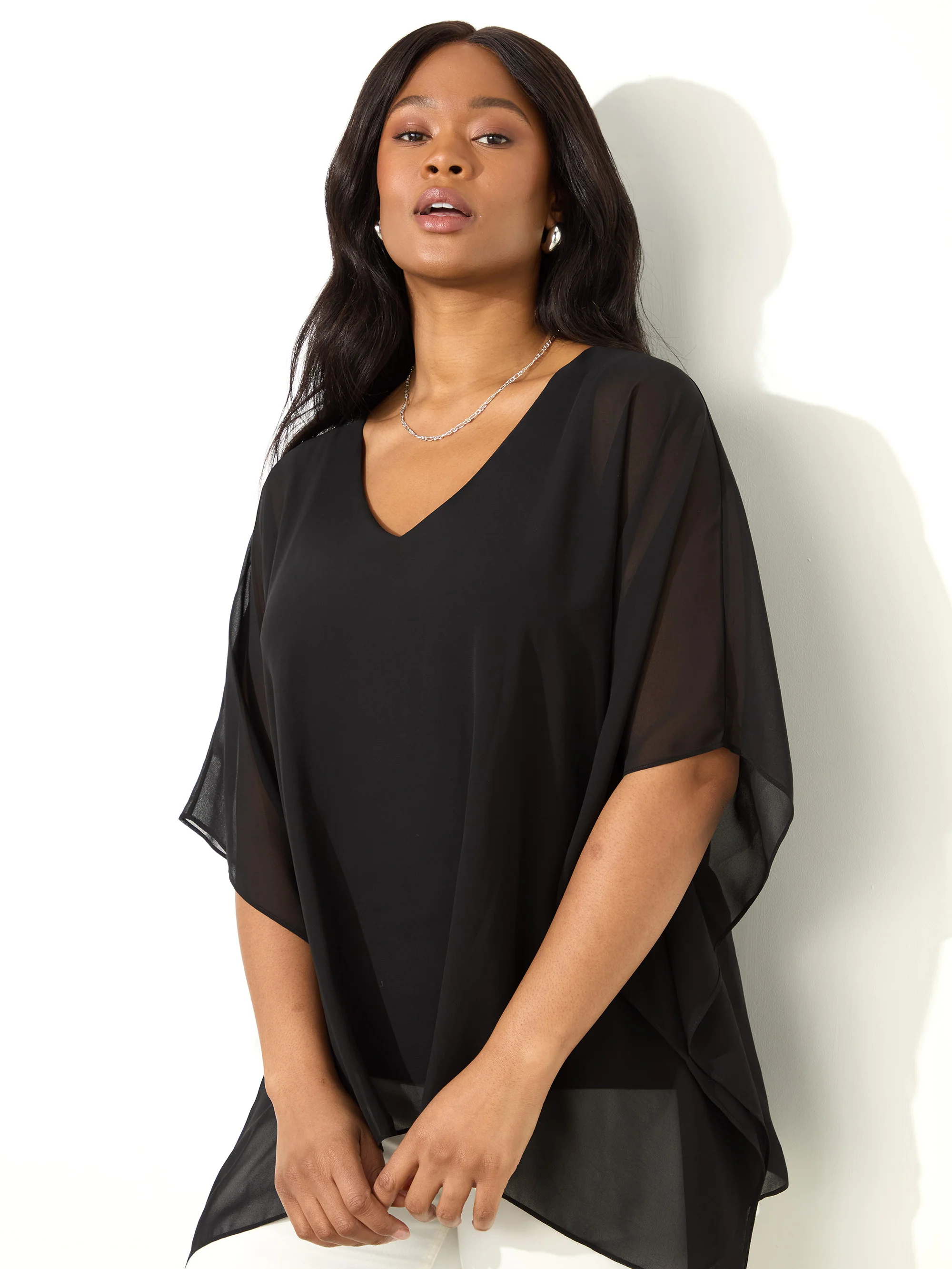 Black Chiffon Overlay Hanky Hem Top - Image 2