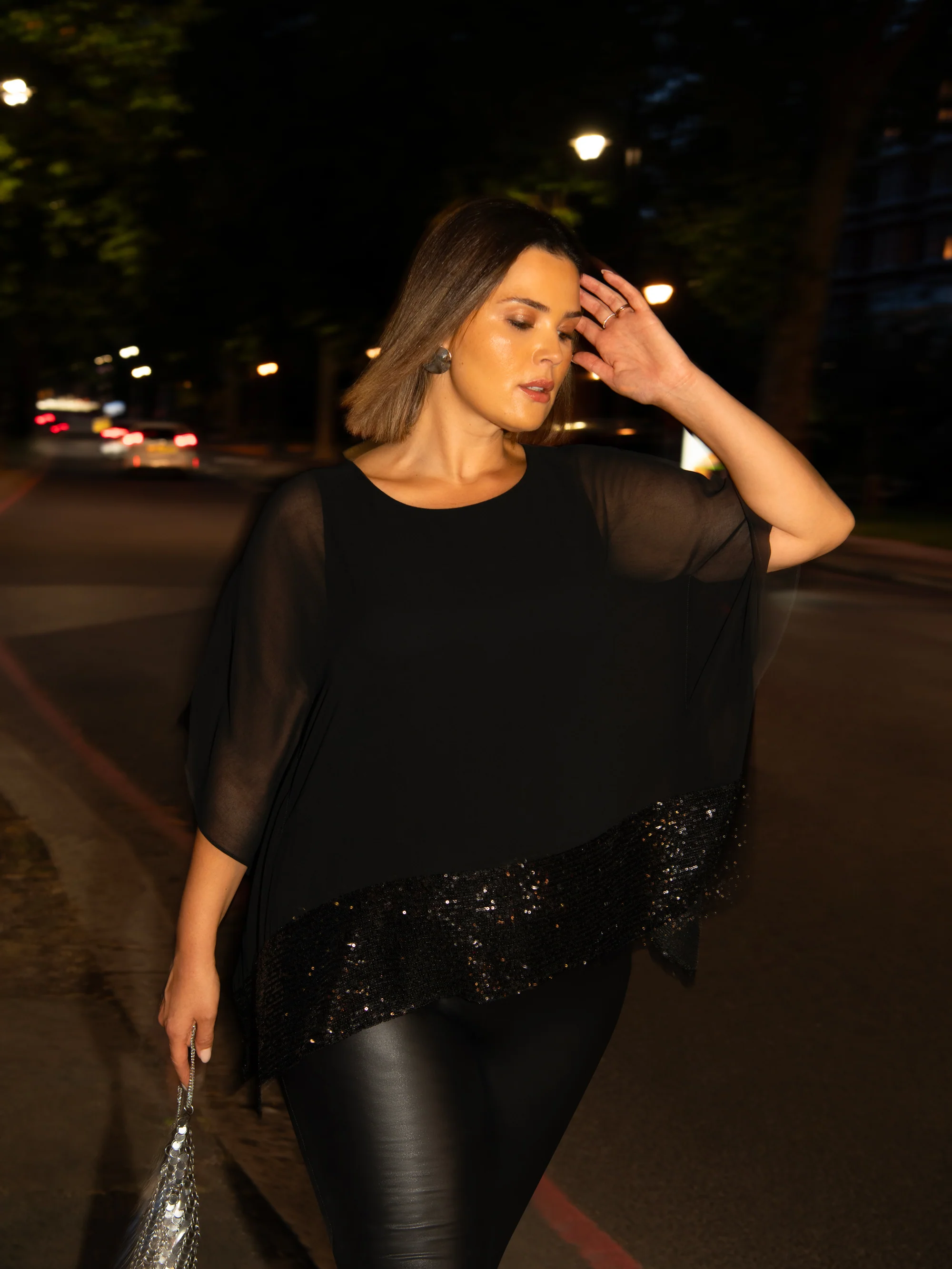 Black Chiffon Sequin Trim Overlayer Top - Image 2