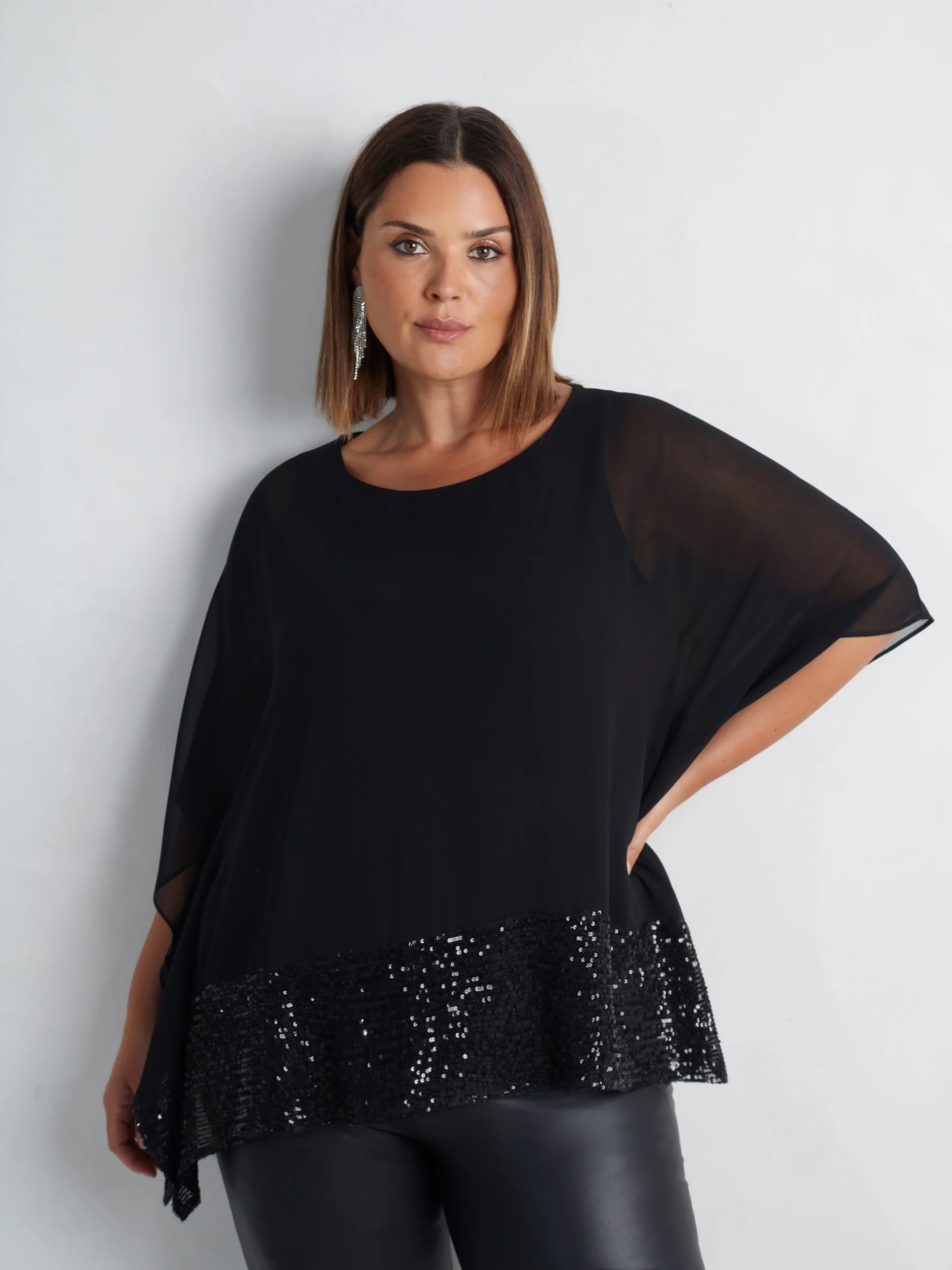 Black Chiffon Sequin Trim Overlayer Top - Image 4