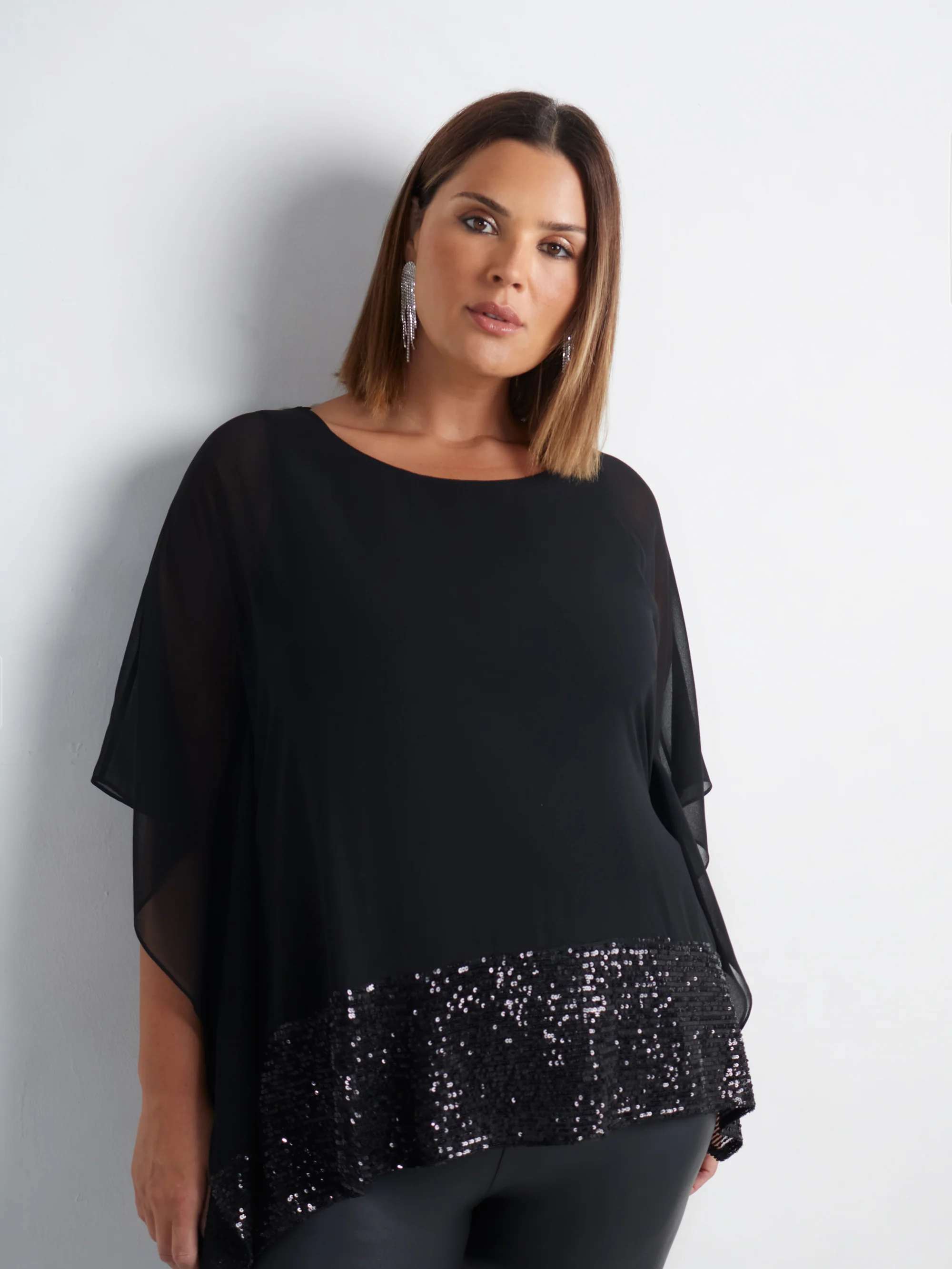 Black Chiffon Sequin Trim Overlayer Top - Image 5