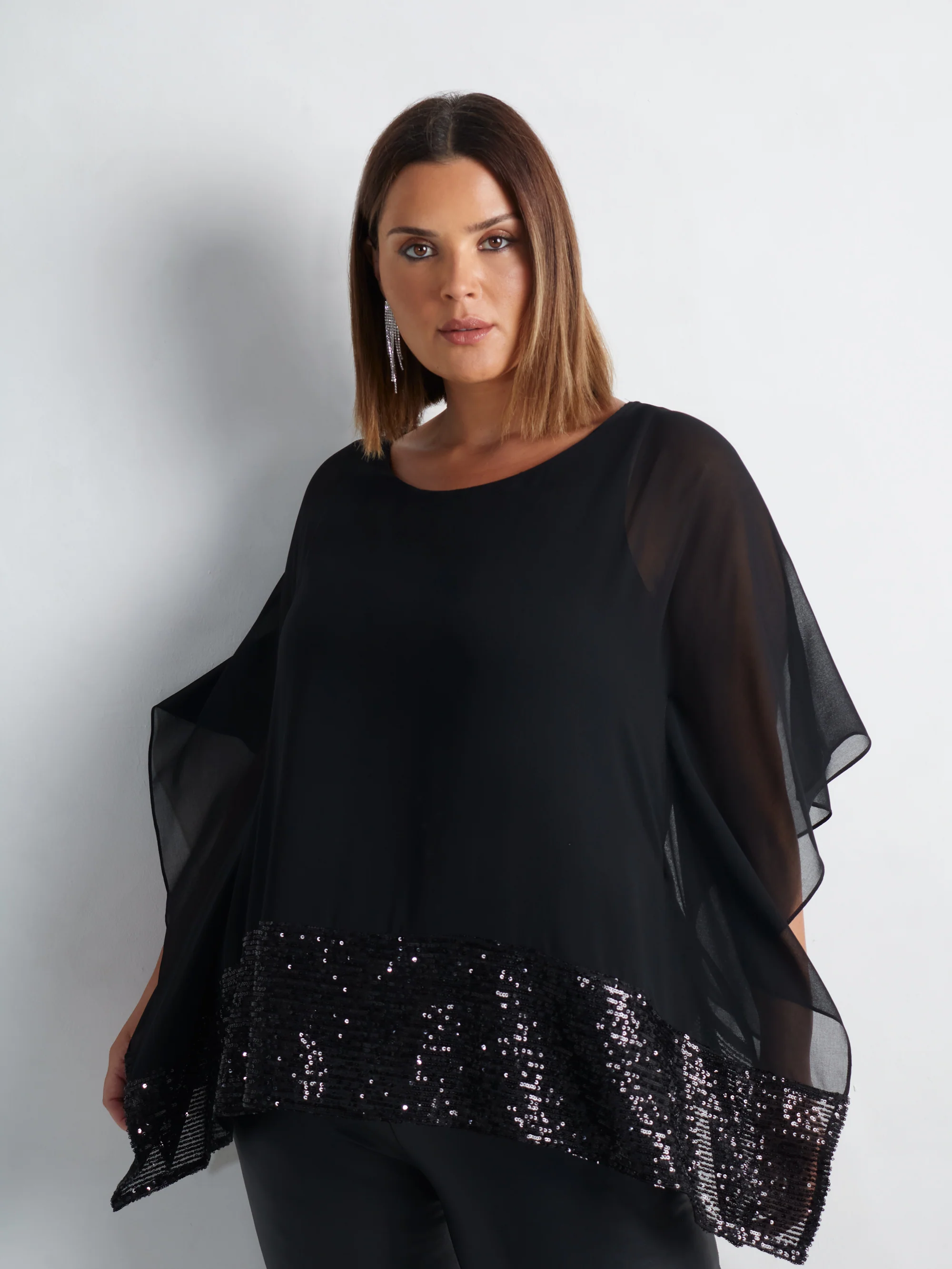 Black Chiffon Sequin Trim Overlayer Top - Image 6