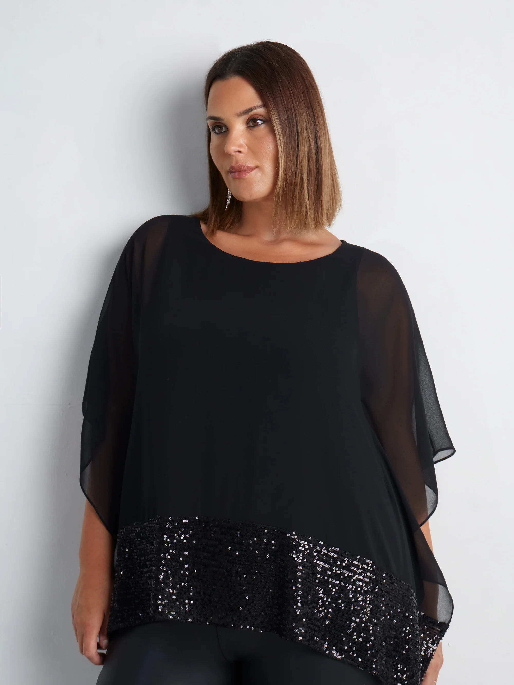 Black Chiffon Sequin Trim Overlayer Top - Image 7