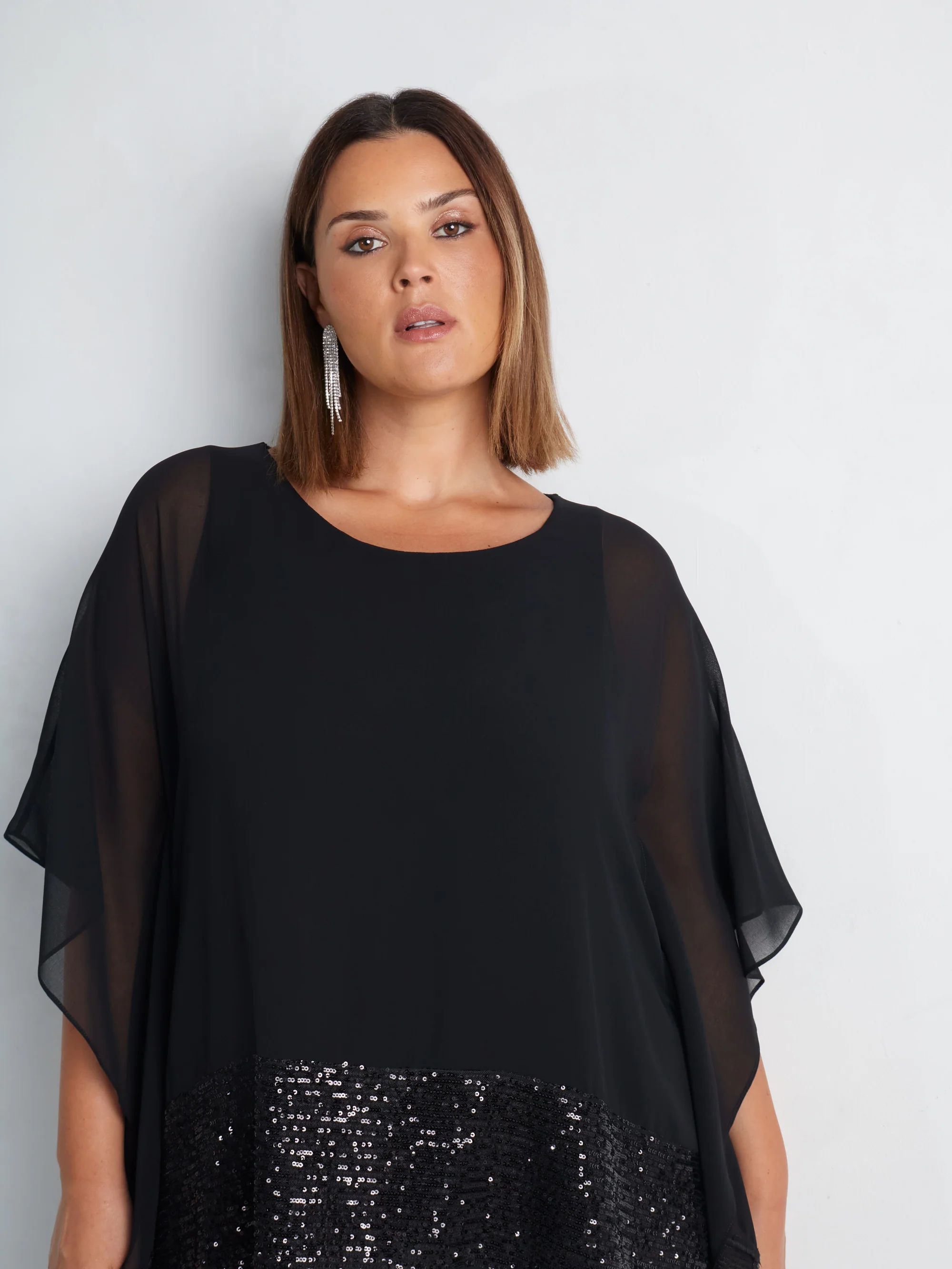 Black Chiffon Sequin Trim Overlayer Top - Image 8