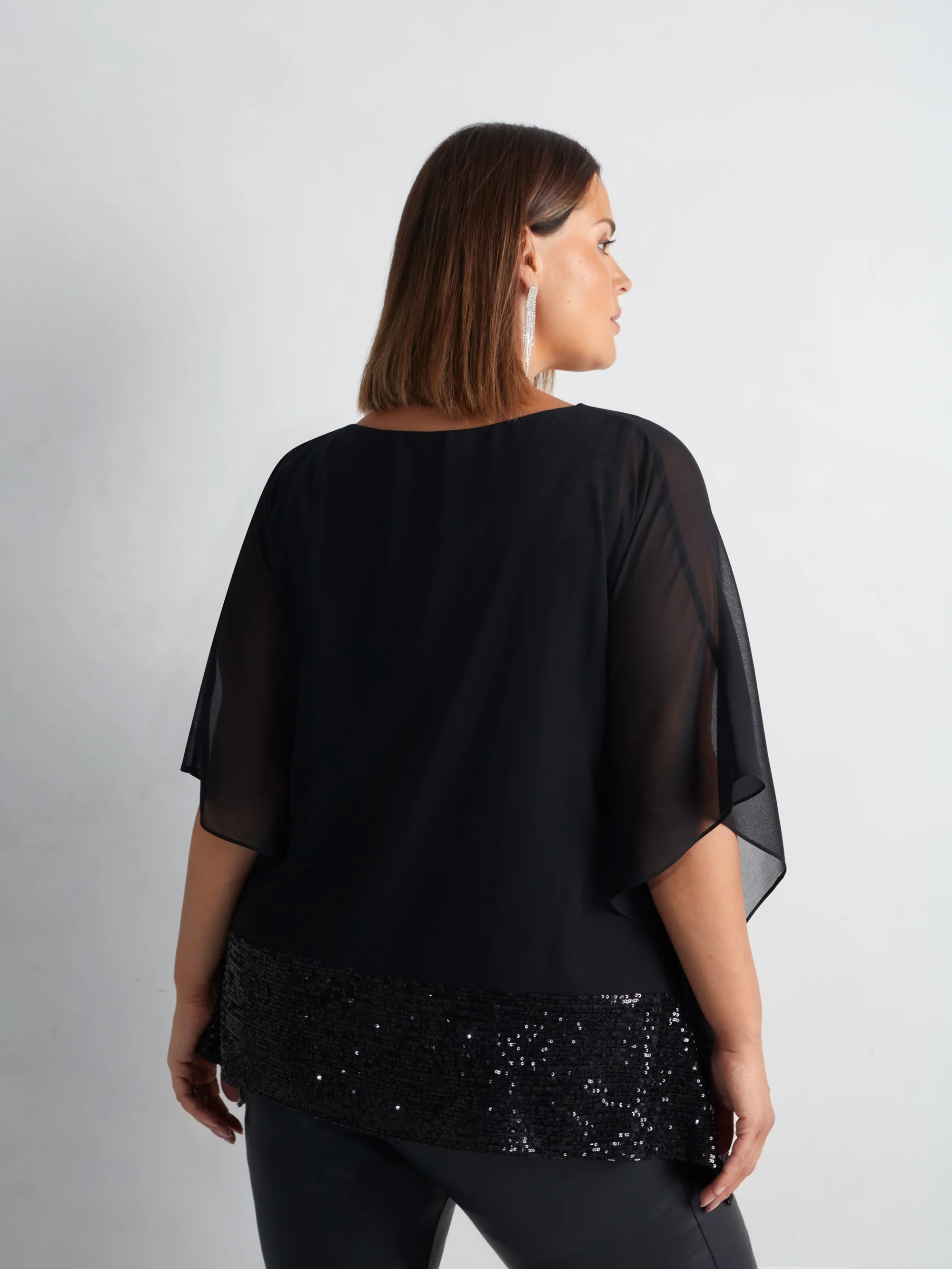 Black Chiffon Sequin Trim Overlayer Top - Image 9