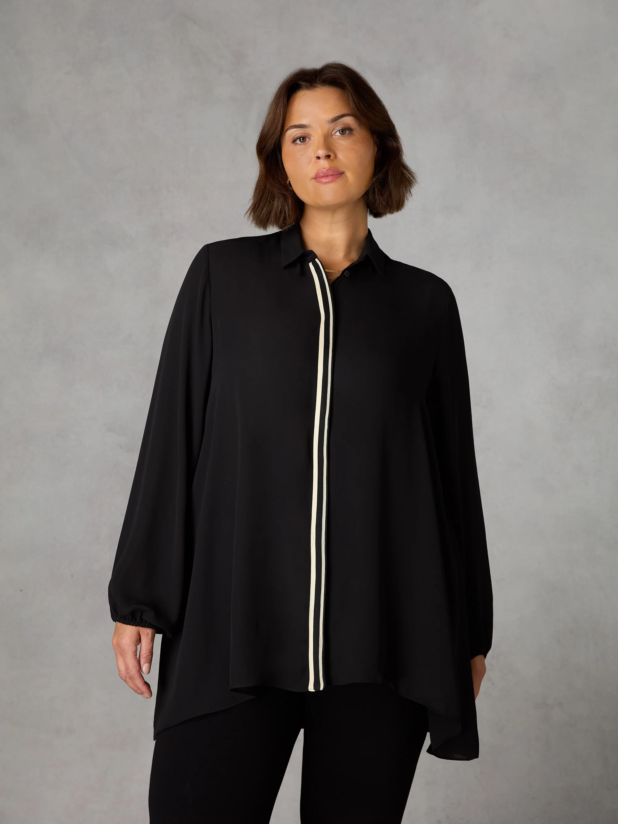 Black Chiffon Trim Front Longline Shirt - Image 2