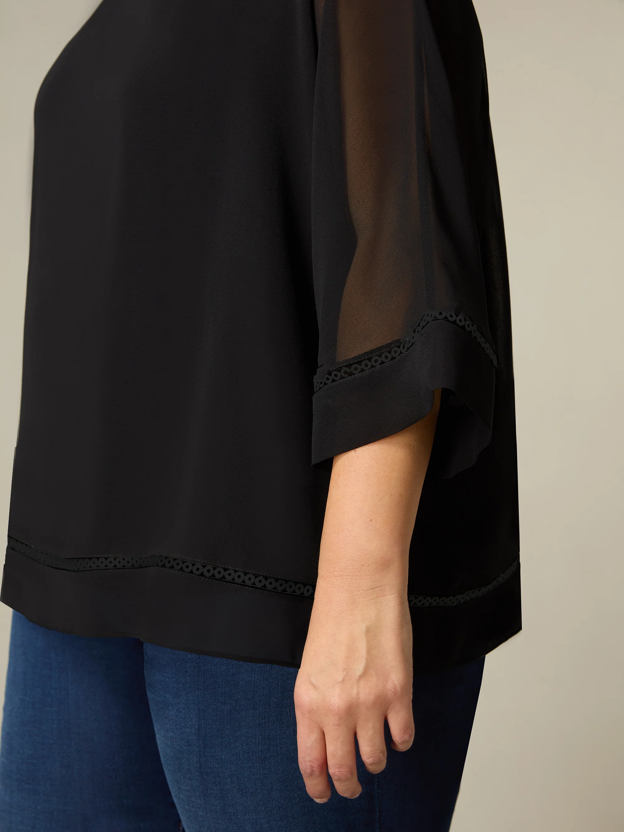 Black Chiffon Trim Insert Overlay Top - Image 2