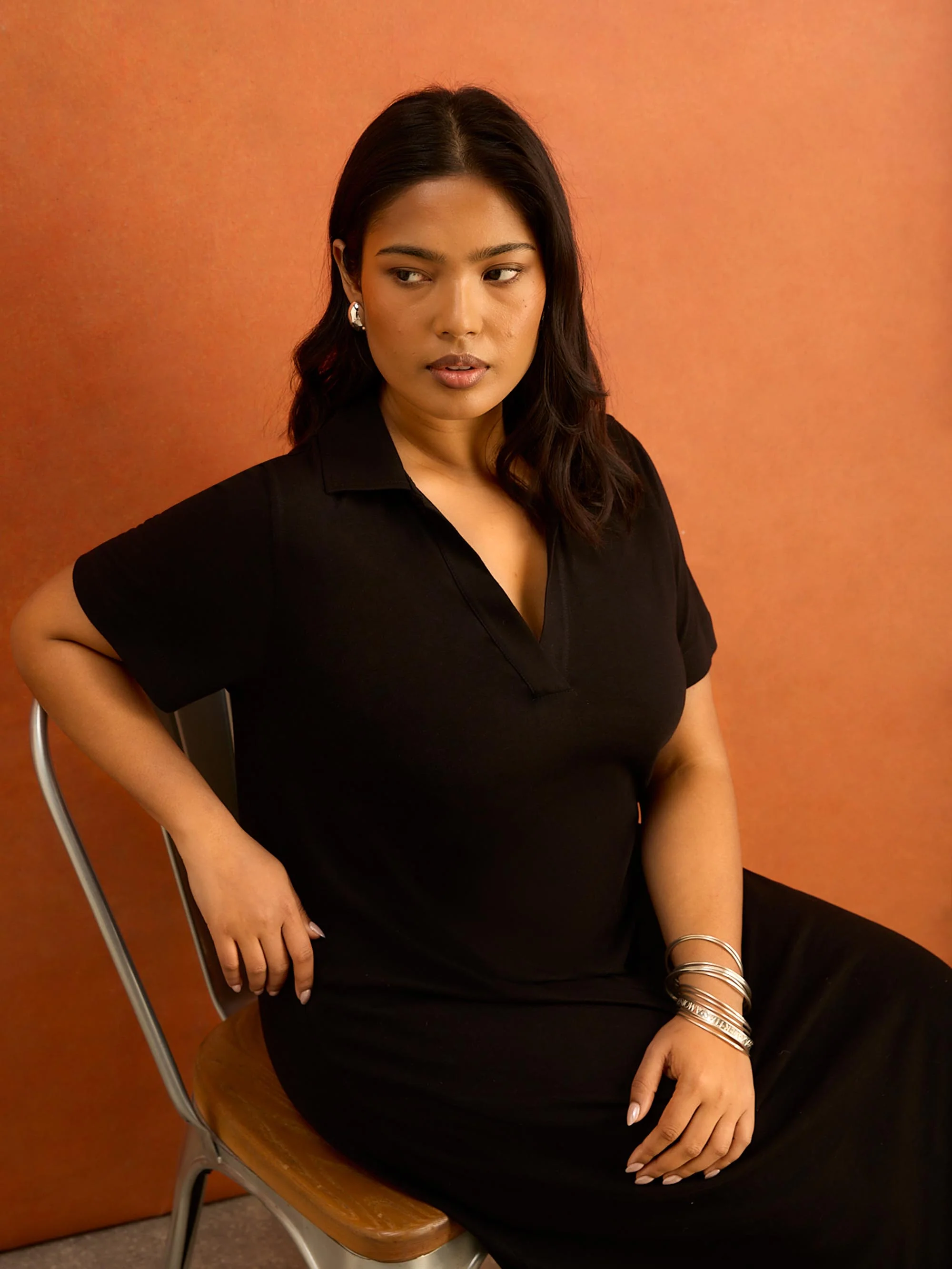 Black Slub Jersey Polo Collared Midi Dress - Image 2