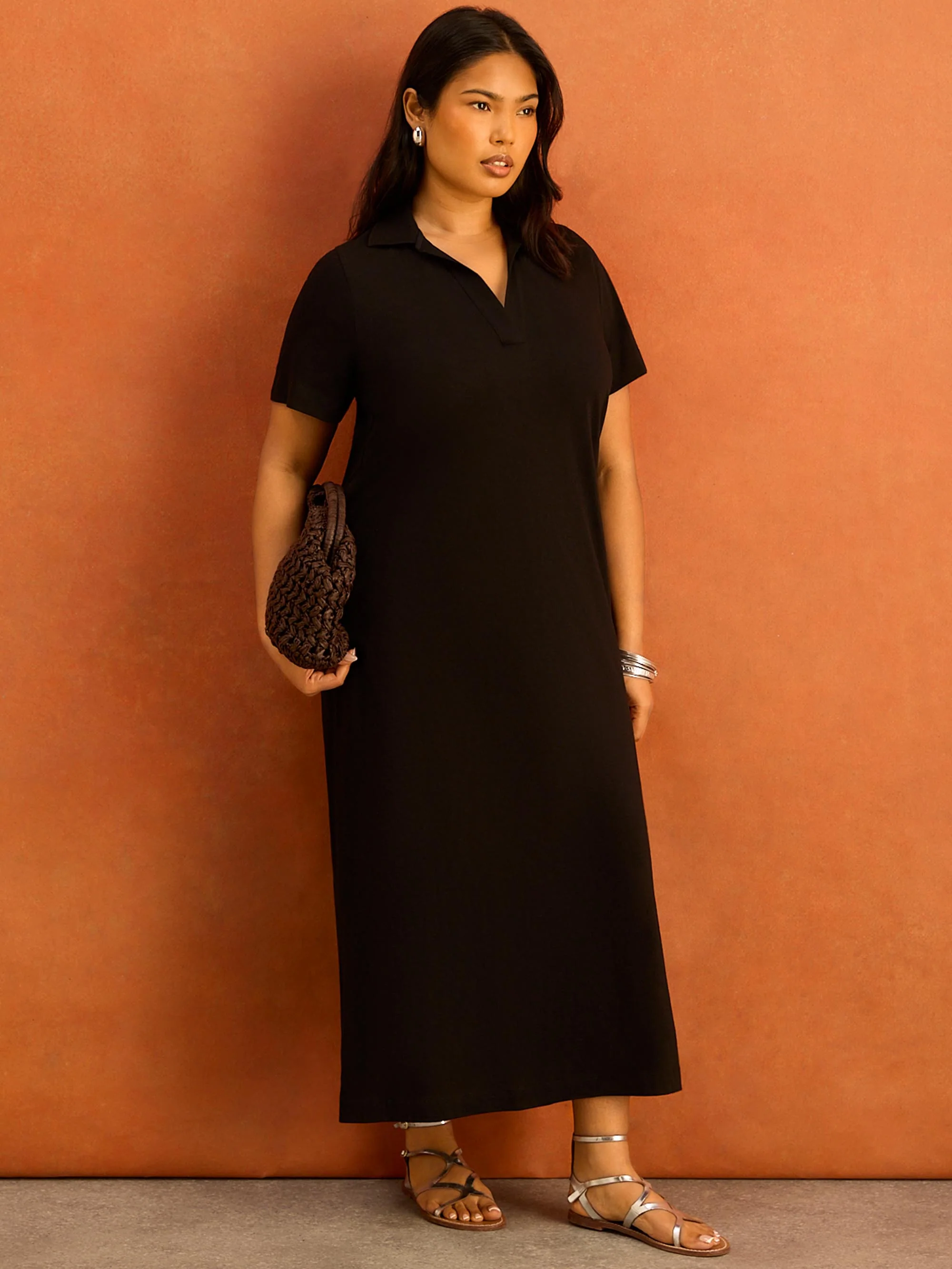 Black Slub Jersey Polo Collared Midi Dress - Image 3