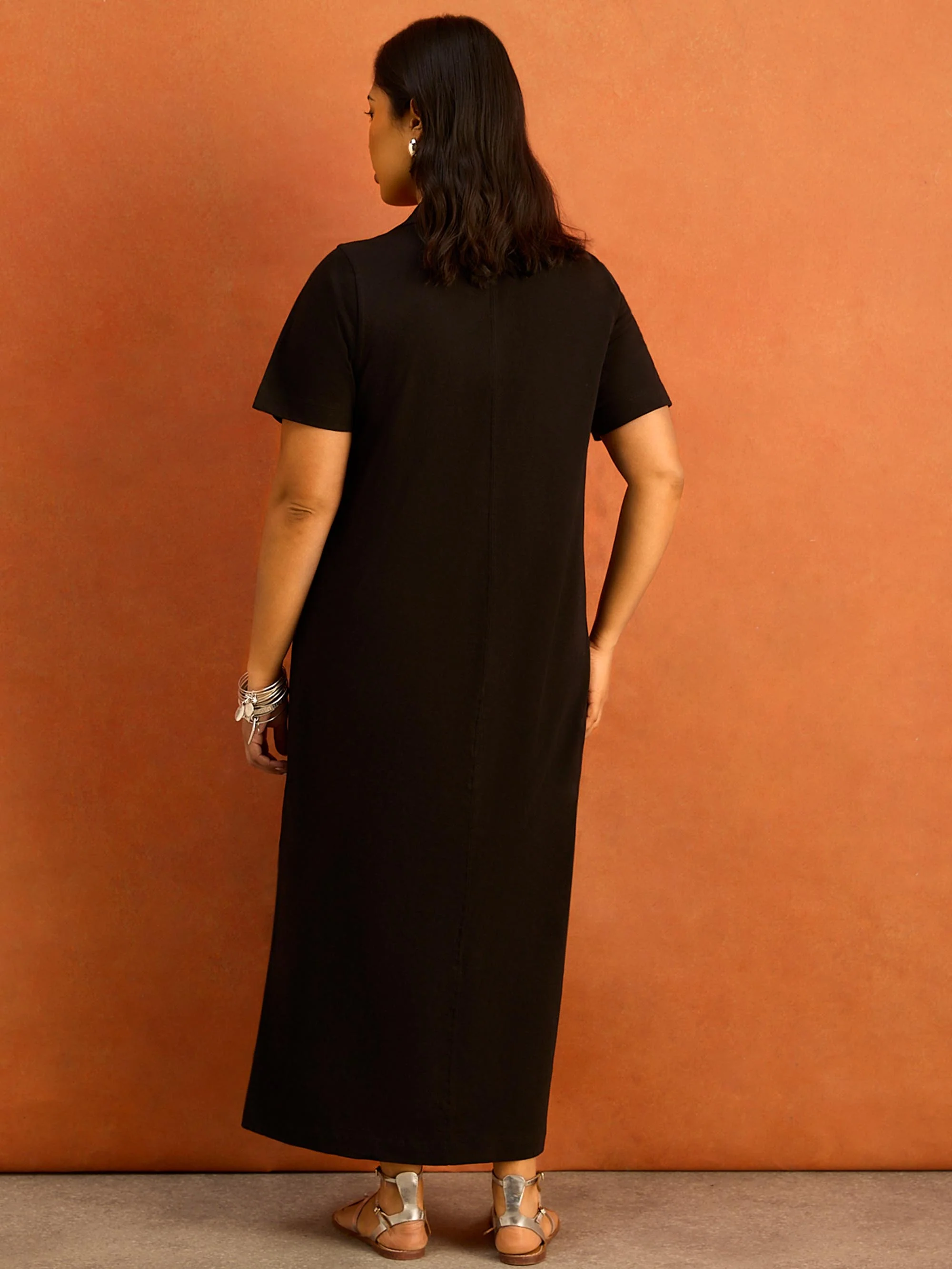 Black Slub Jersey Polo Collared Midi Dress - Image 4