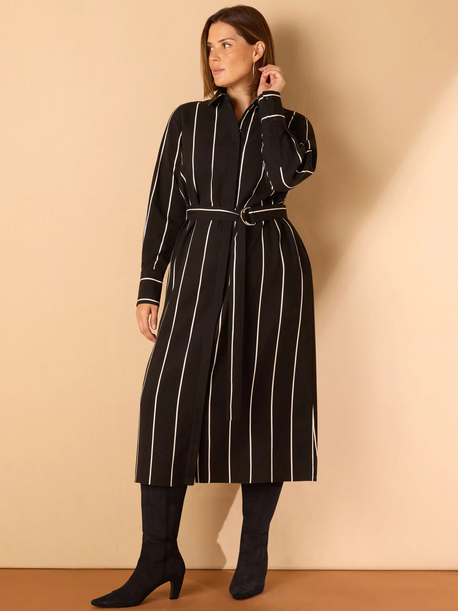 Black Contrast Stripe Belted Midaxi Shirt Dress - Image 2