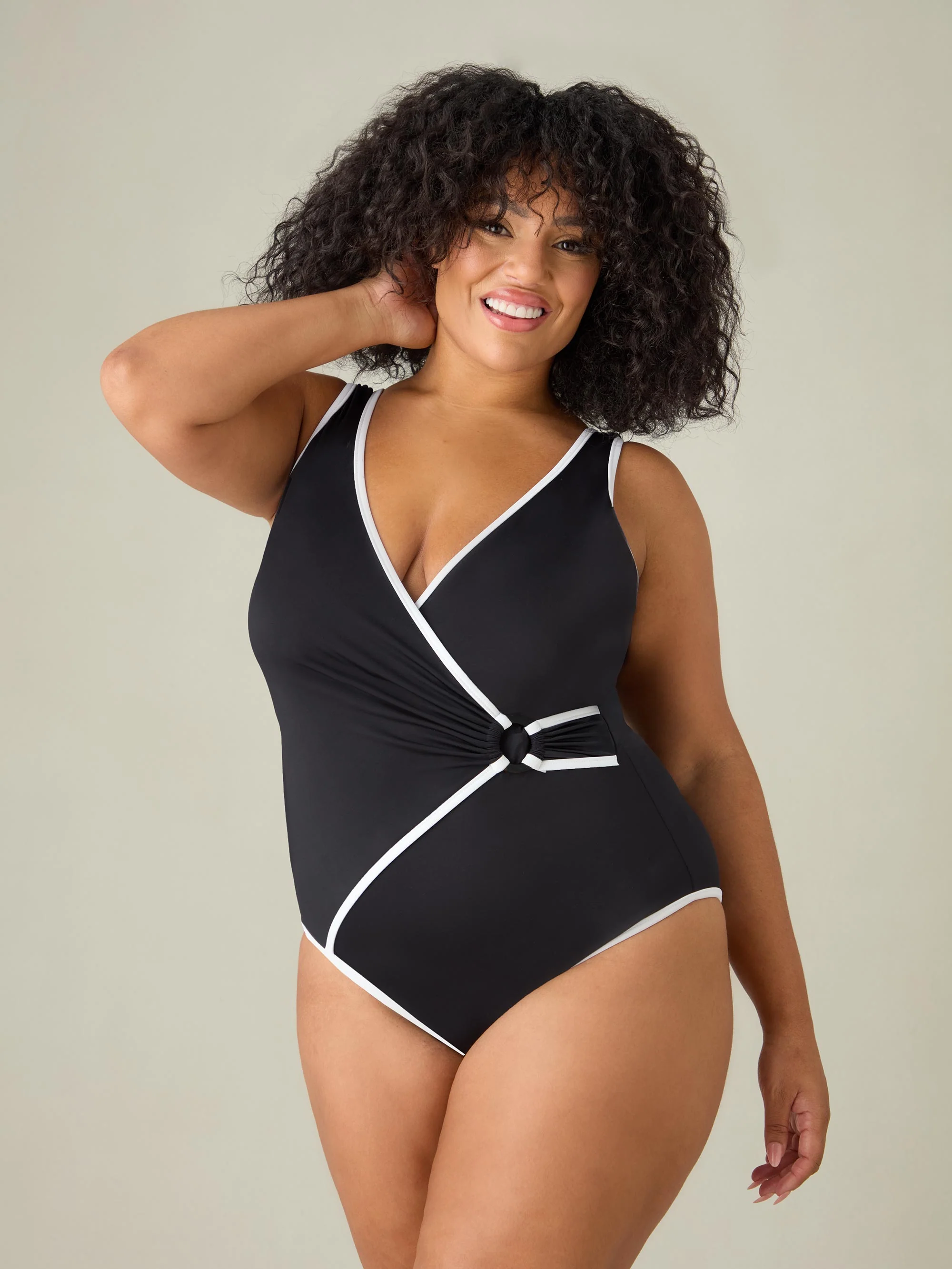 Black Contrast Wrap Front Swimsuit - Image 3