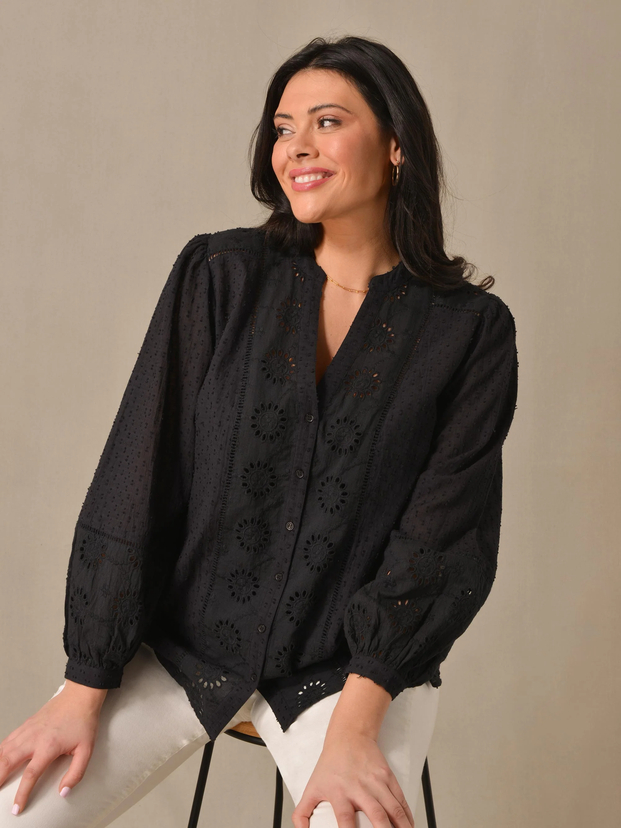 Black Cotton Broderie Detail Blouse - Image 2