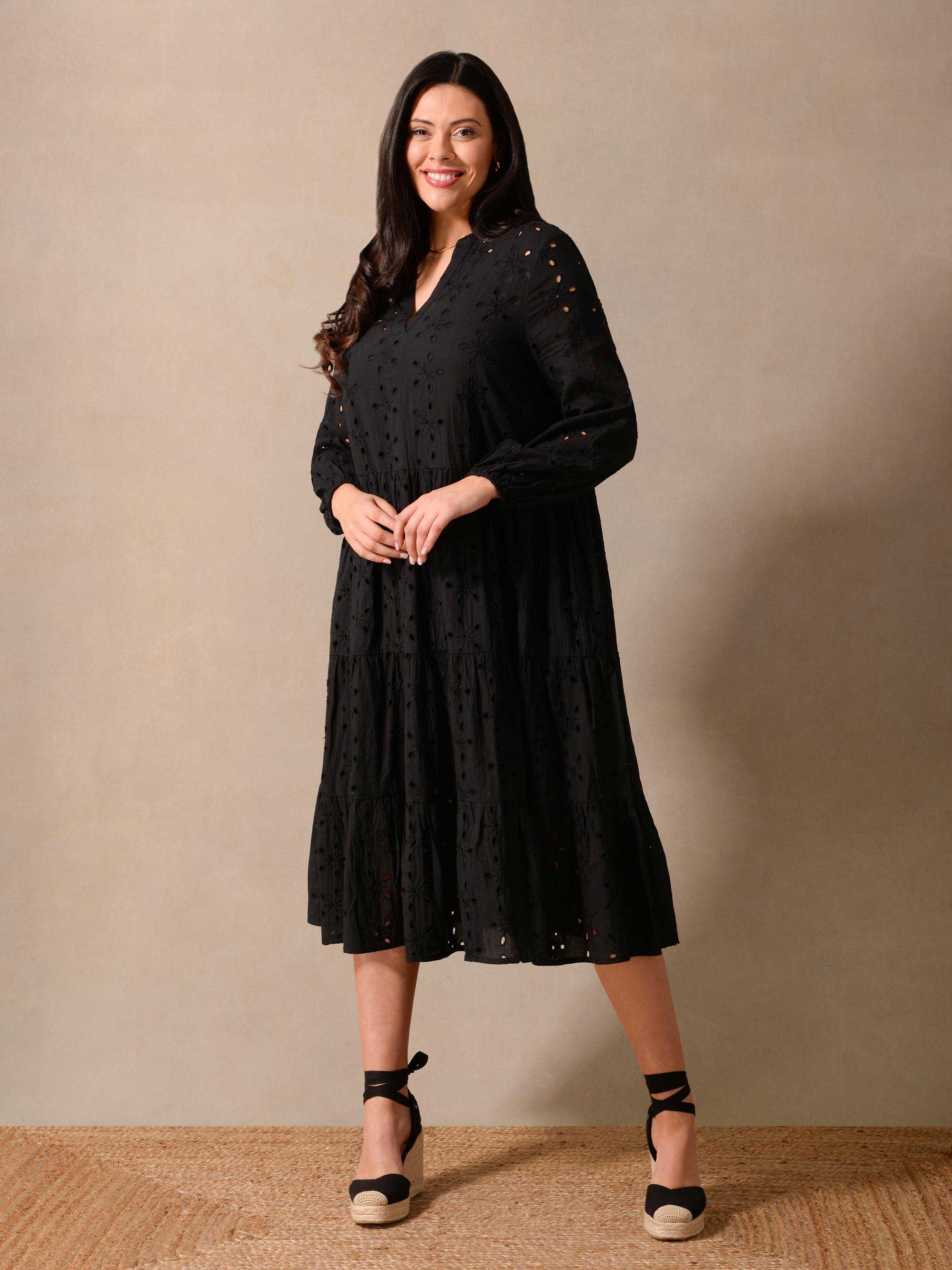 Black Cotton Broderie Midi Dress - Image 3