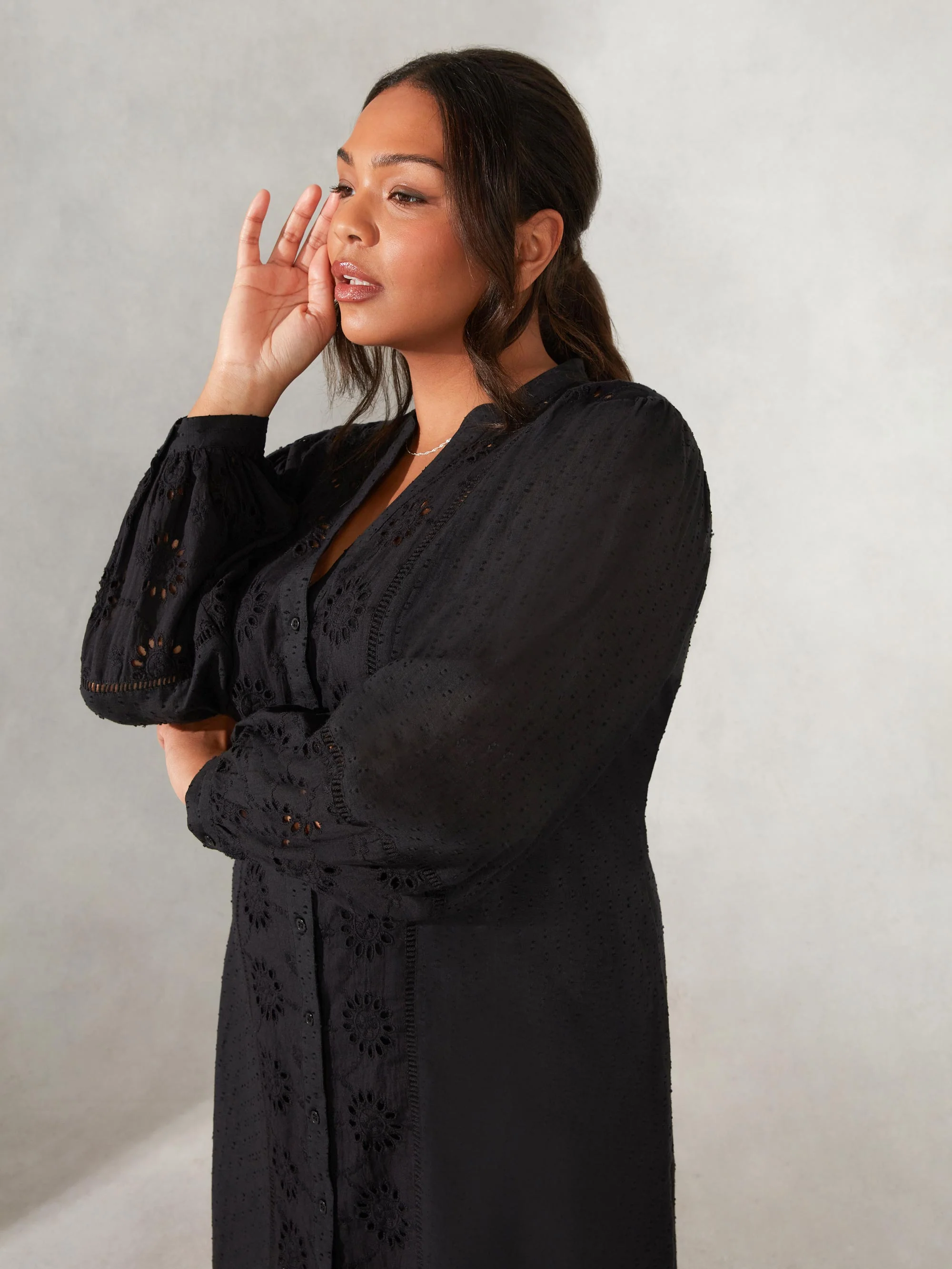 Black Cotton Broderie Shirt dress - Image 2