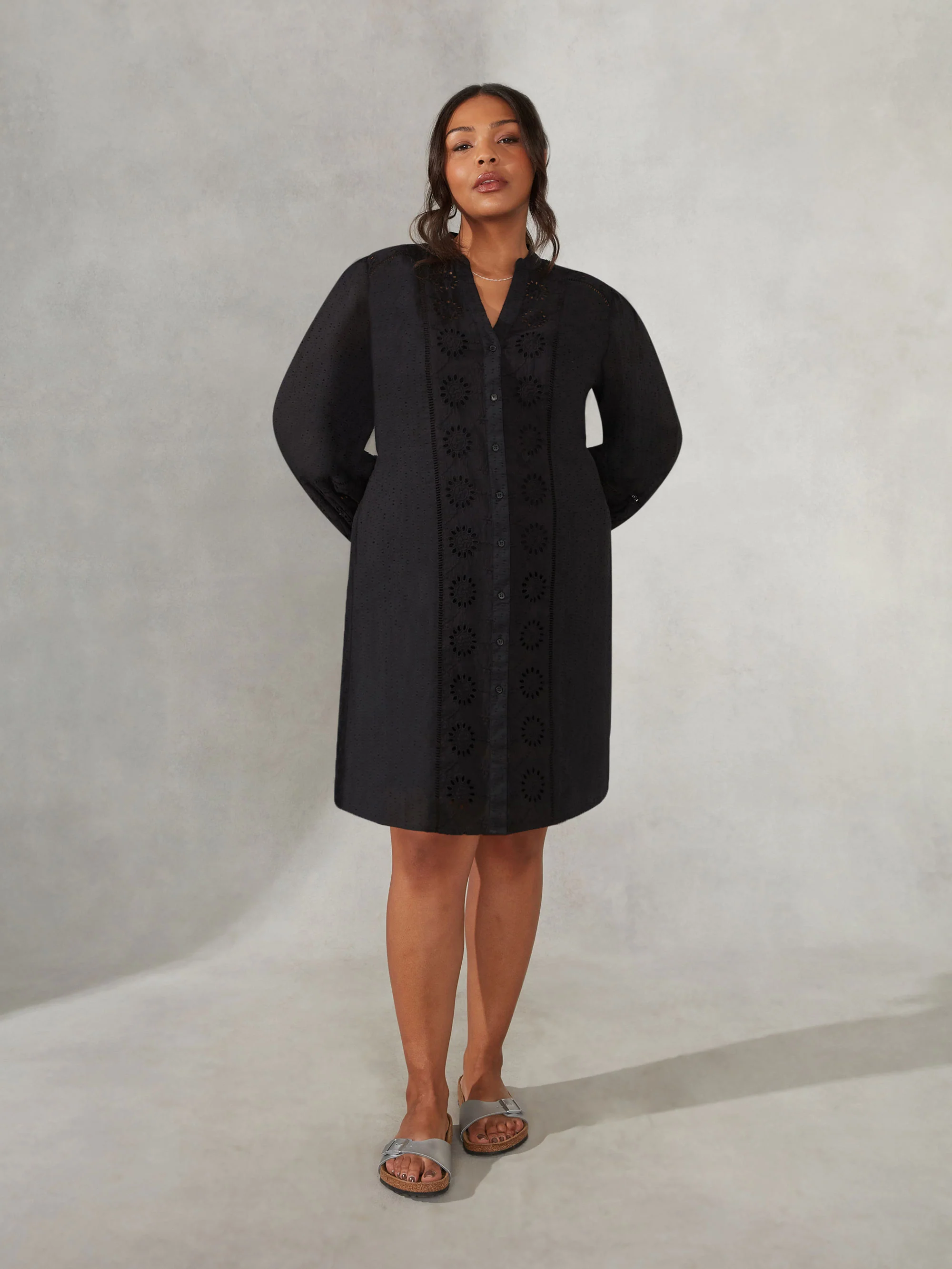 Black Cotton Broderie Shirt dress - Image 3
