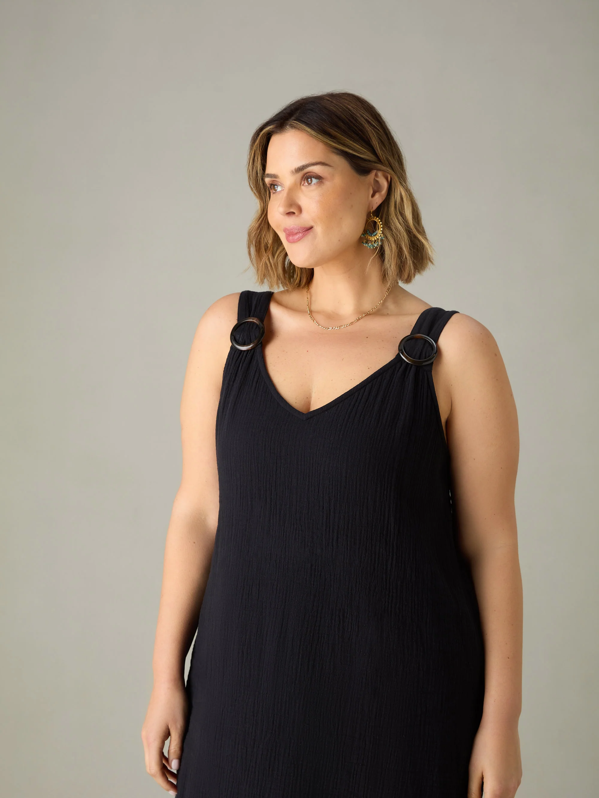 Black Cotton Crinkle Ring Detail Dress - Image 2