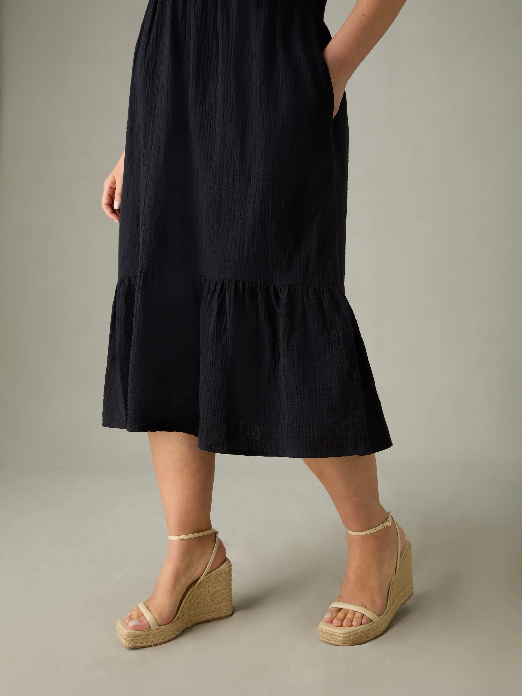 Black Cotton Crinkle Tiered Dress - Image 2