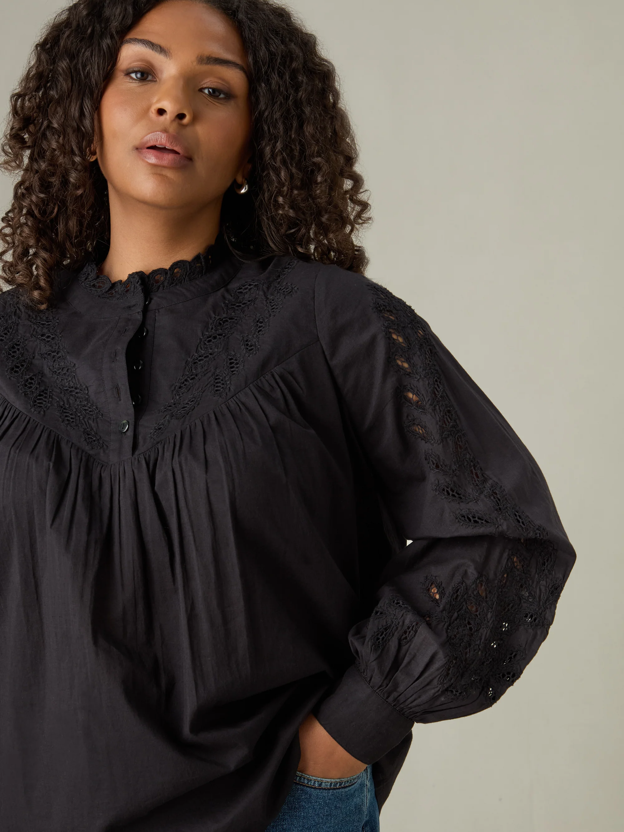 Black Cotton Cut Work Detail Blouse - Image 3