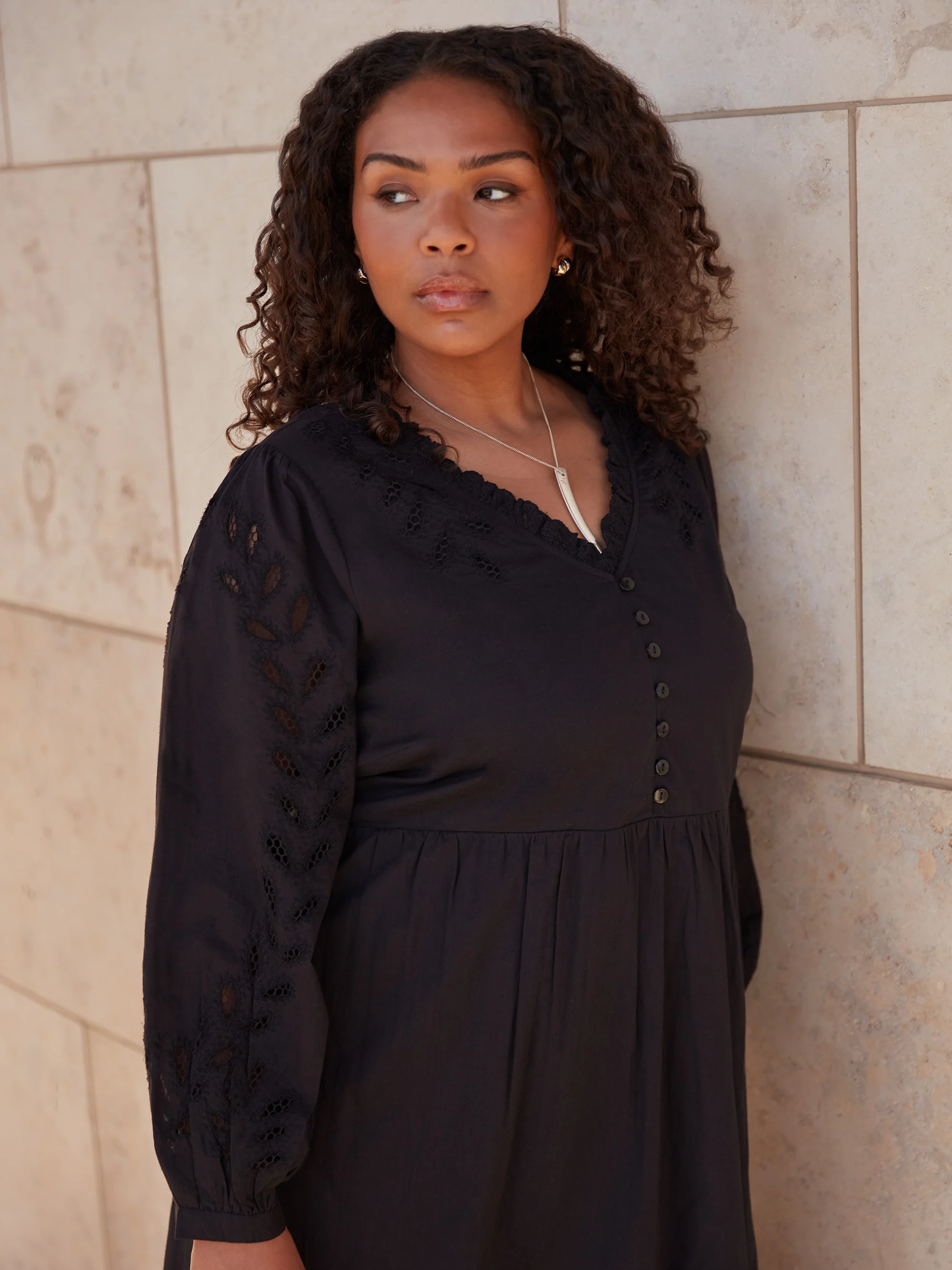 Black Cotton Cut Work Detail Dress - Image 3