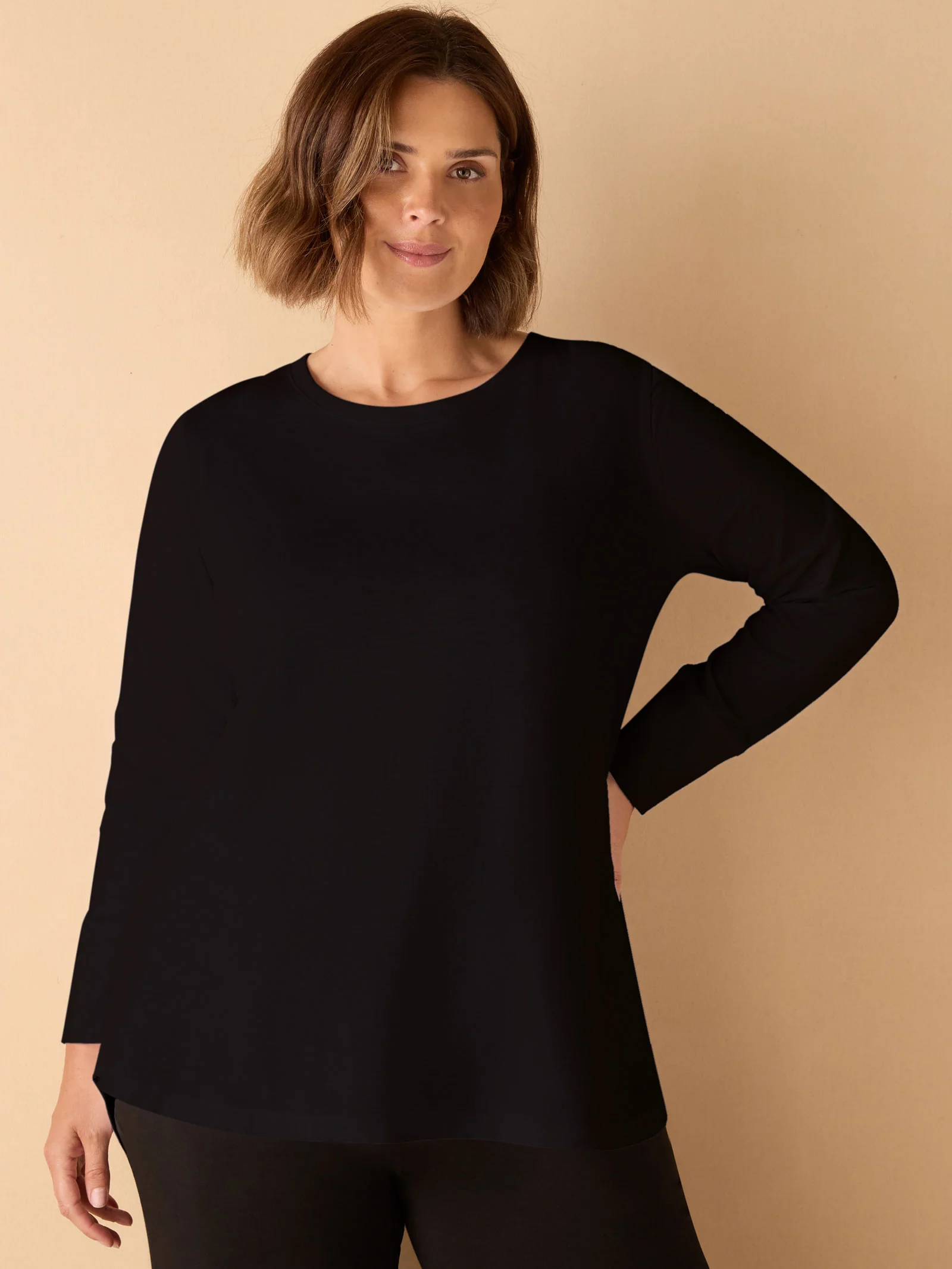 Black Cotton Slub Crew Neck Long Sleeve T-Shirt - Image 3