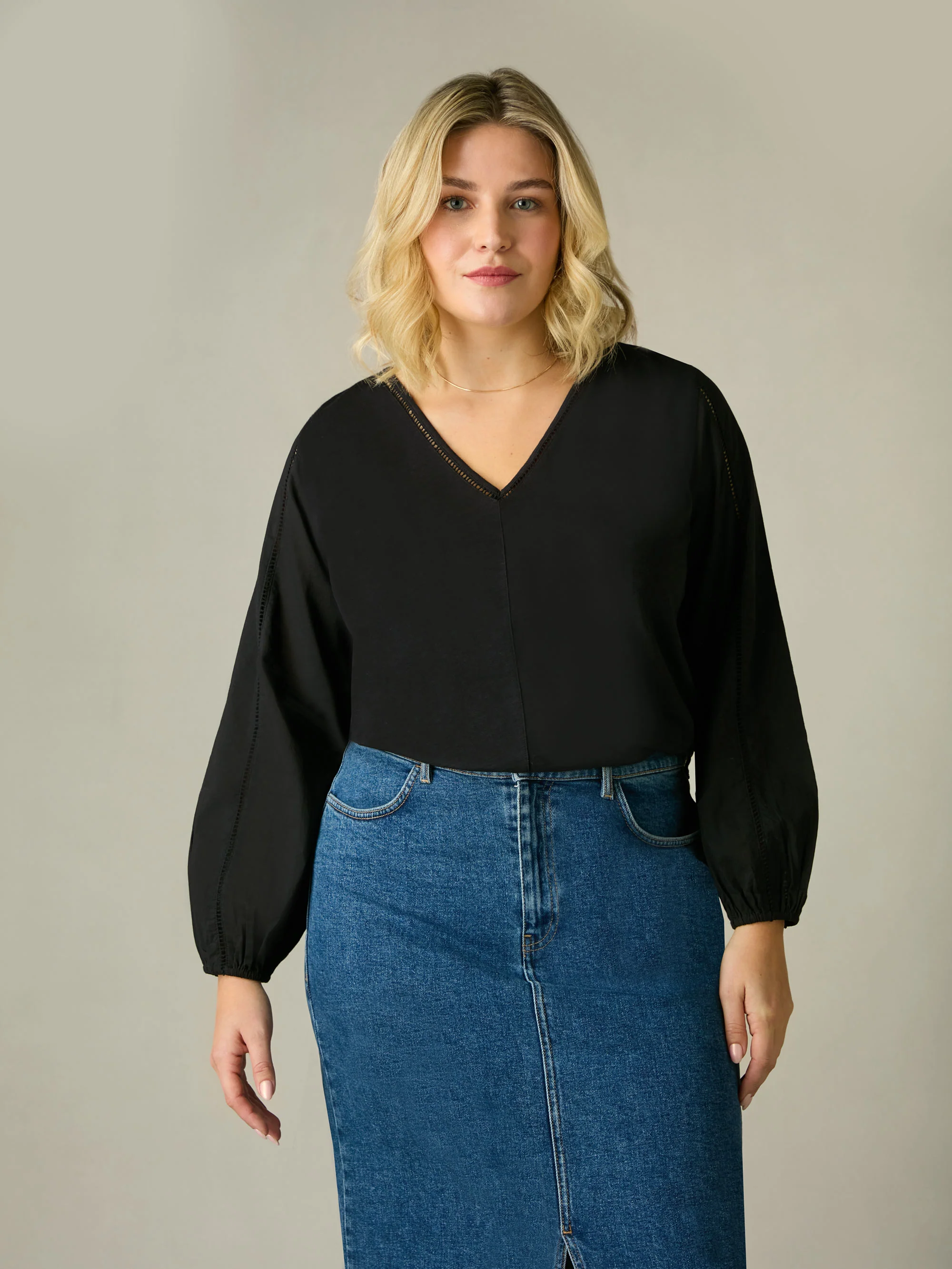 Black Cotton Slub Ladder Trim T-Shirt - Image 2